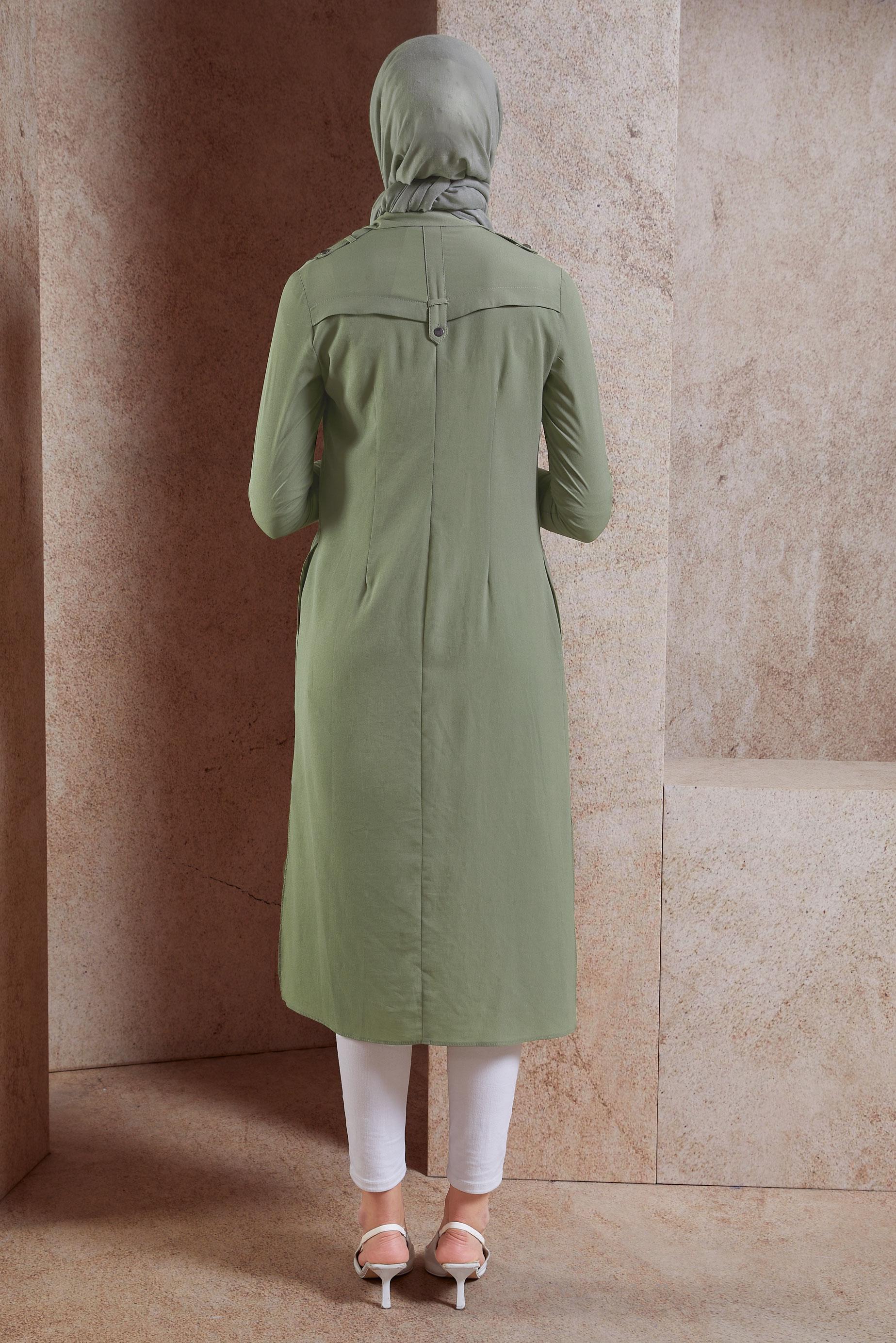 Tesettür giyim YEŞİL YIRTMAÇ DETAYLI TESETTÜR TUNİK 4965