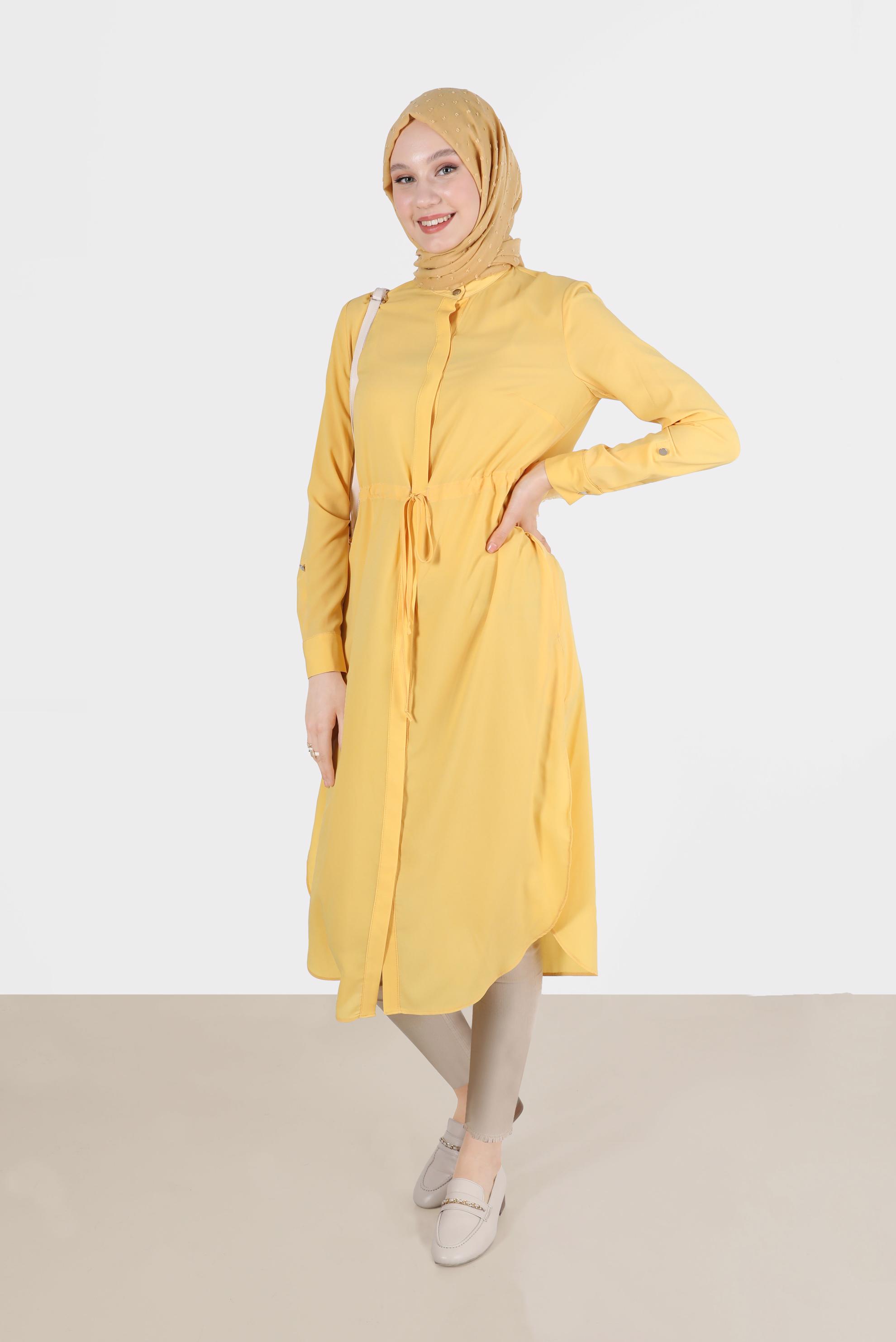 Tesettür giyim SARI BELİ BÜZGÜLÜ GİZLİ DÜĞMELİ TUNİK 4966 