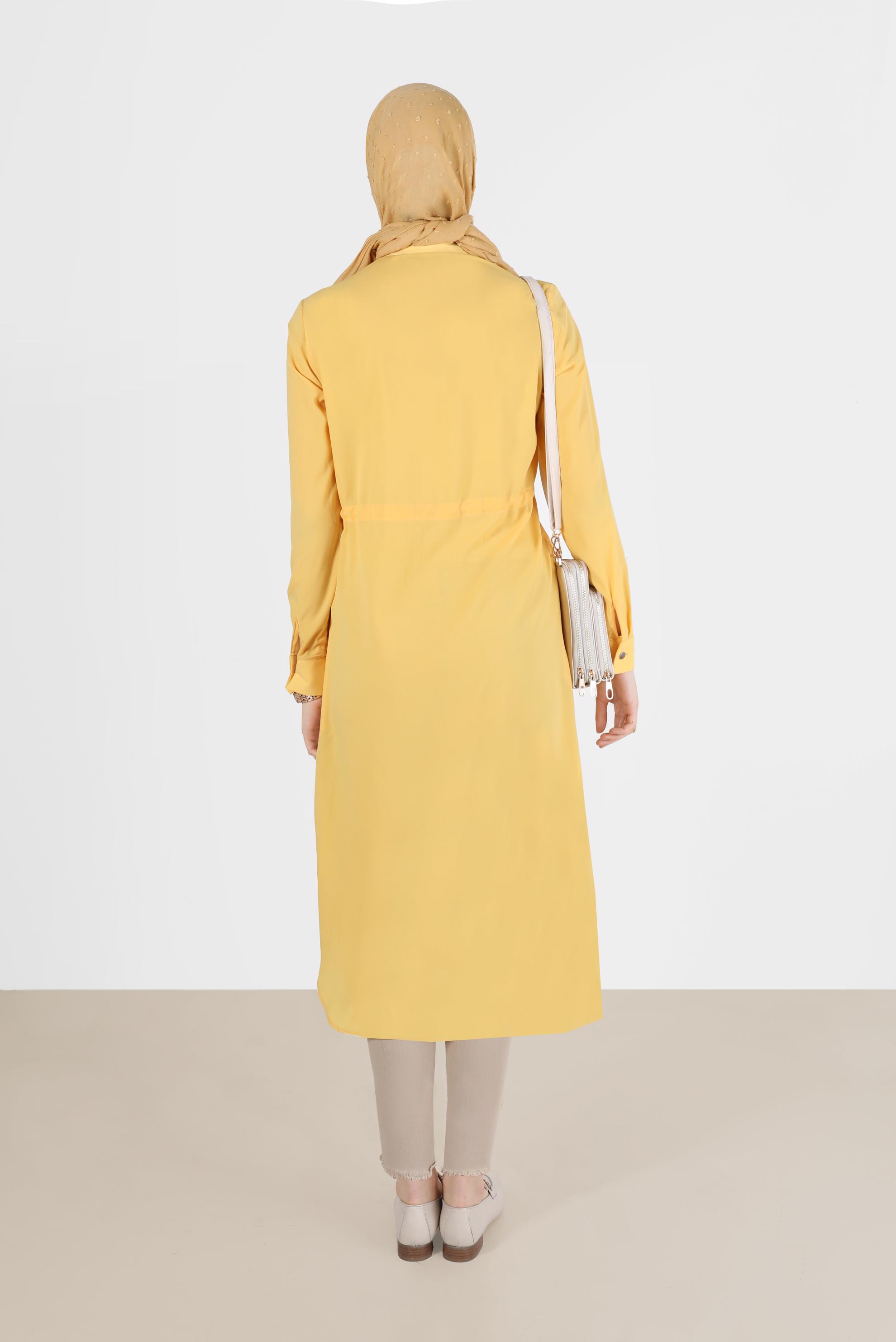 Tesettür giyim SARI BELİ BÜZGÜLÜ GİZLİ DÜĞMELİ TUNİK 4966 