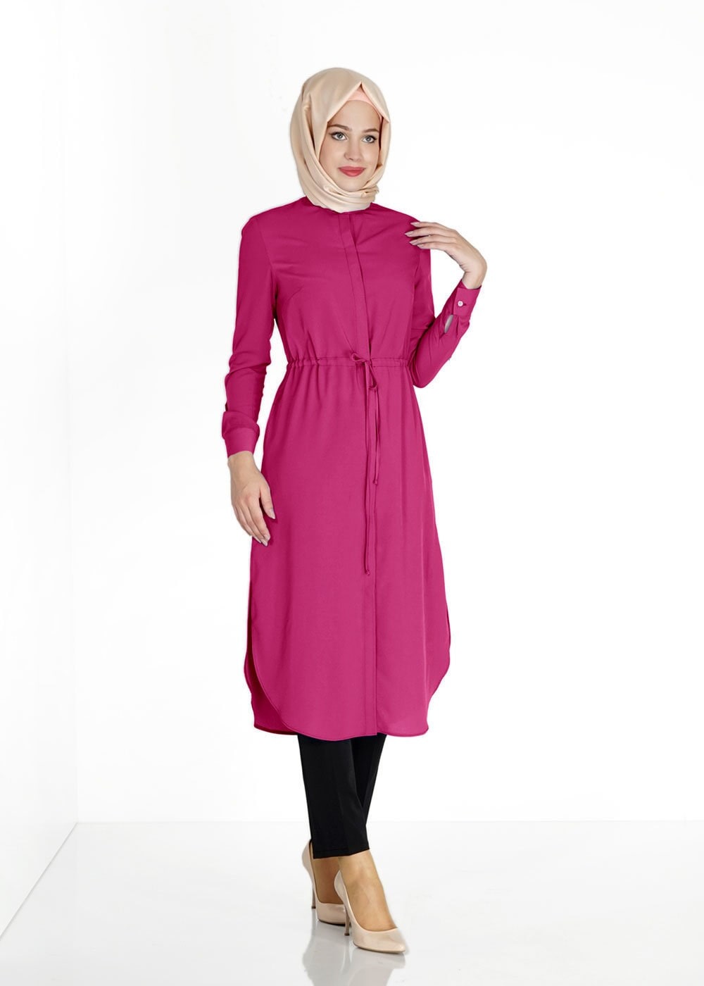 Tesettür giyim FUŞYA BELİ BÜZGÜLÜ GİZLİ DÜĞMELİ TUNİK 4966 