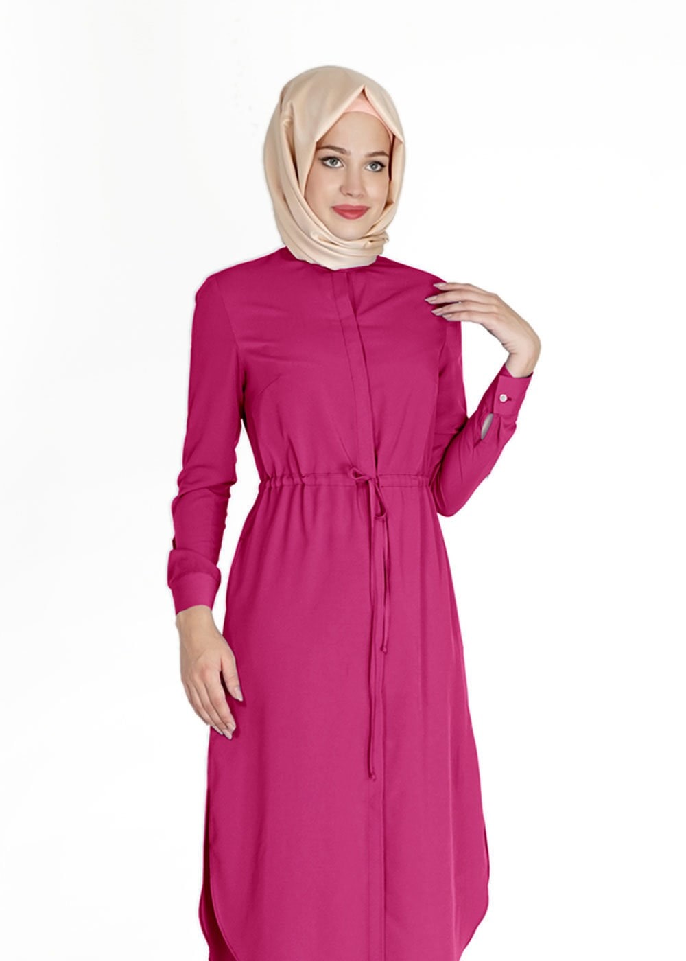 Tesettür giyim FUŞYA BELİ BÜZGÜLÜ GİZLİ DÜĞMELİ TUNİK 4966 