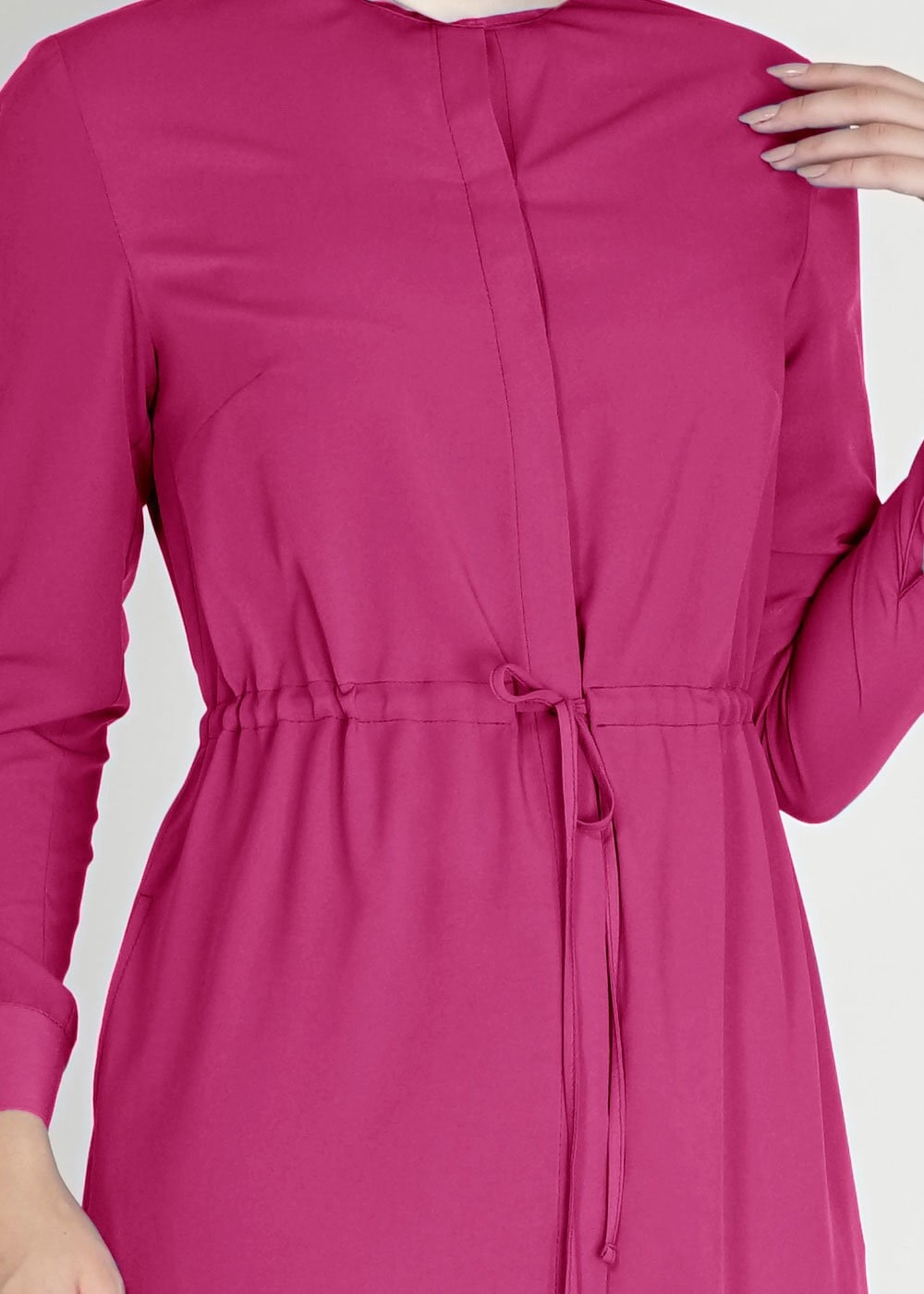 Tesettür giyim FUŞYA BELİ BÜZGÜLÜ GİZLİ DÜĞMELİ TUNİK 4966 