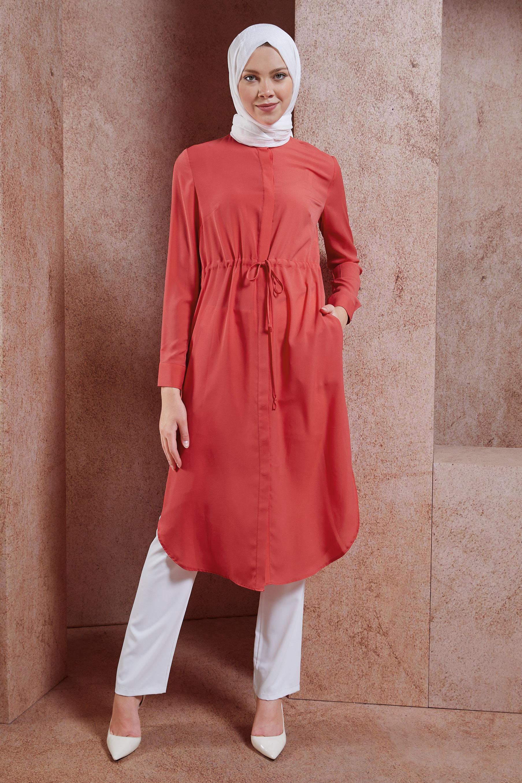 Tesettür giyim MERCAN BELİ BÜZGÜLÜ GİZLİ DÜĞMELİ TUNİK 4966 