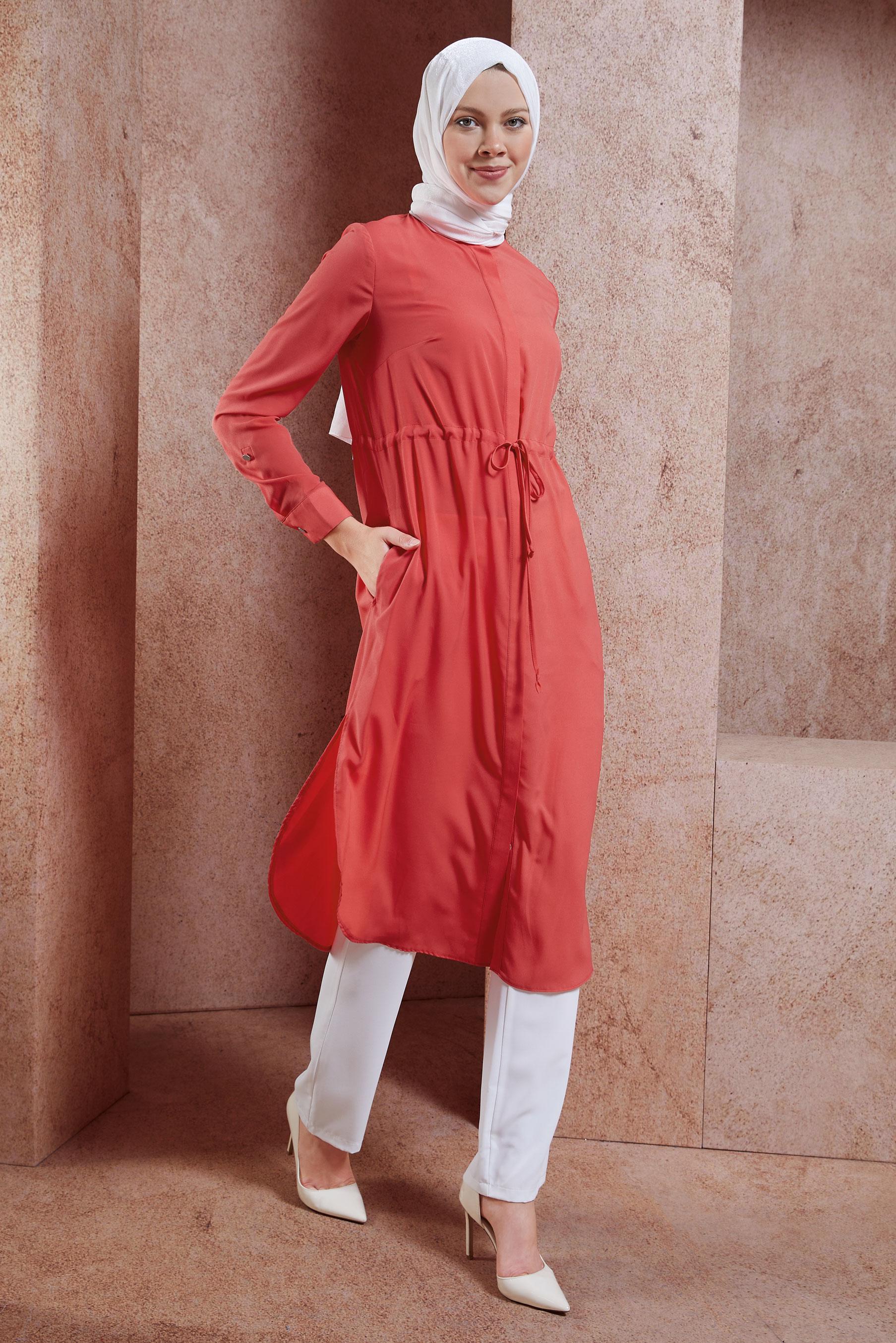 Tesettür giyim MERCAN BELİ BÜZGÜLÜ GİZLİ DÜĞMELİ TUNİK 4966 