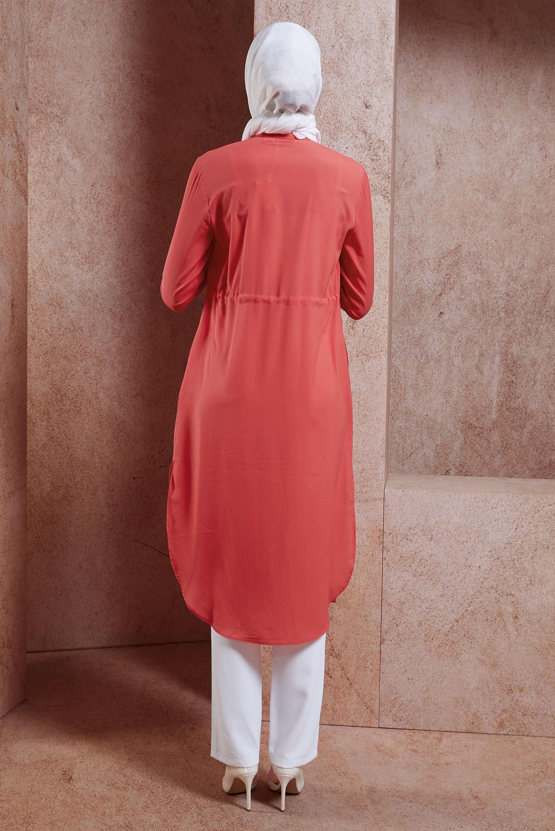 Tesettür giyim MERCAN BELİ BÜZGÜLÜ GİZLİ DÜĞMELİ TUNİK 4966 