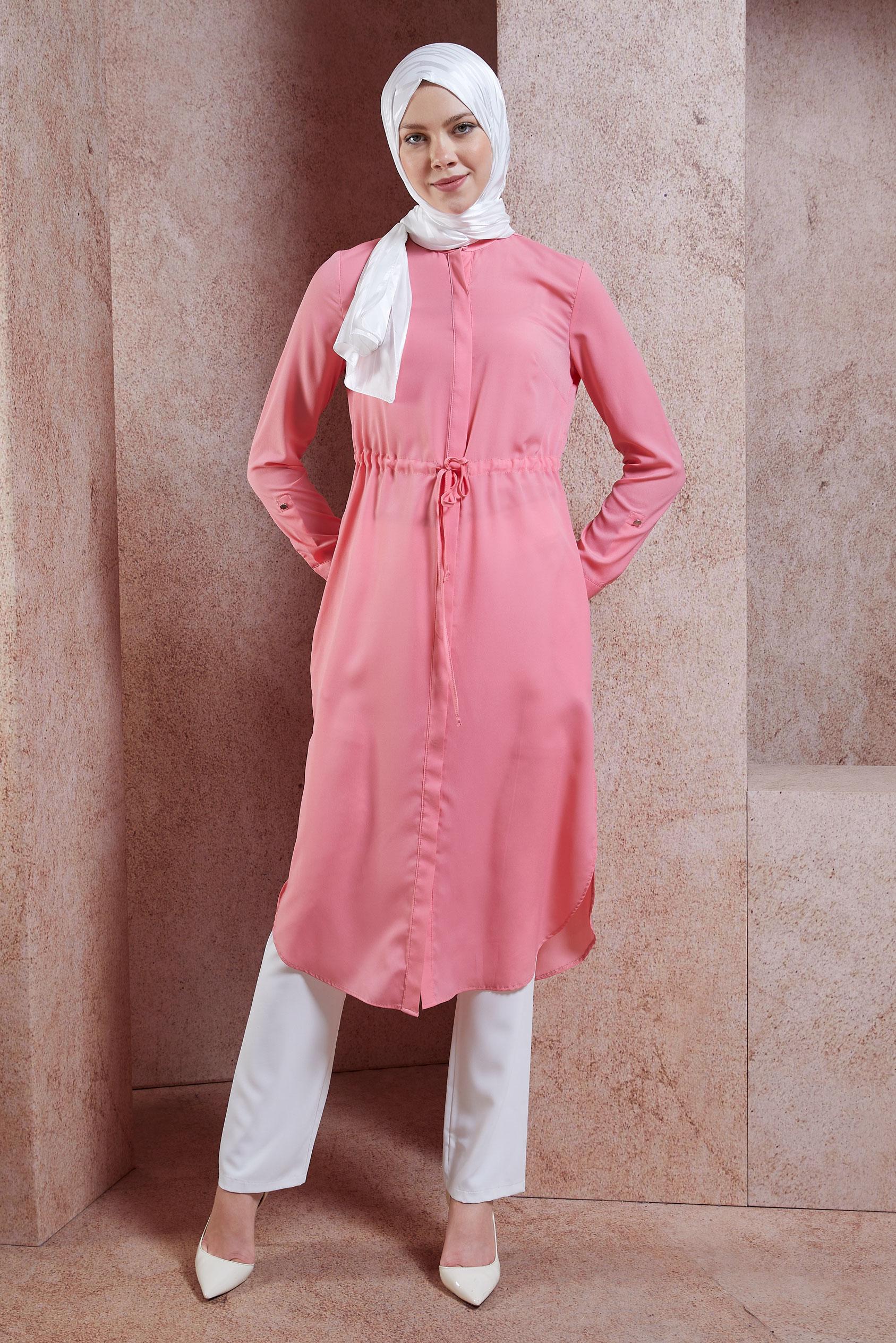 Tesettür giyim PEMBE BELİ BÜZGÜLÜ GİZLİ DÜĞMELİ TUNİK 4966 