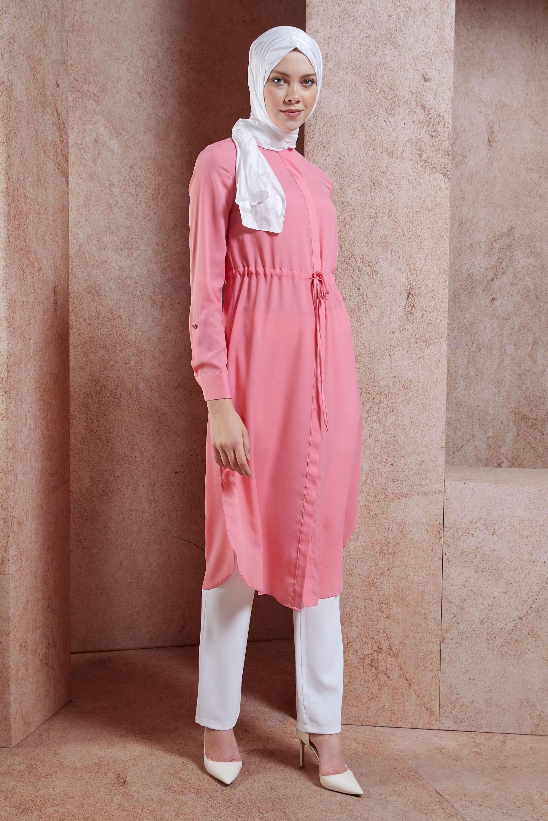 Tesettür giyim PEMBE BELİ BÜZGÜLÜ GİZLİ DÜĞMELİ TUNİK 4966 