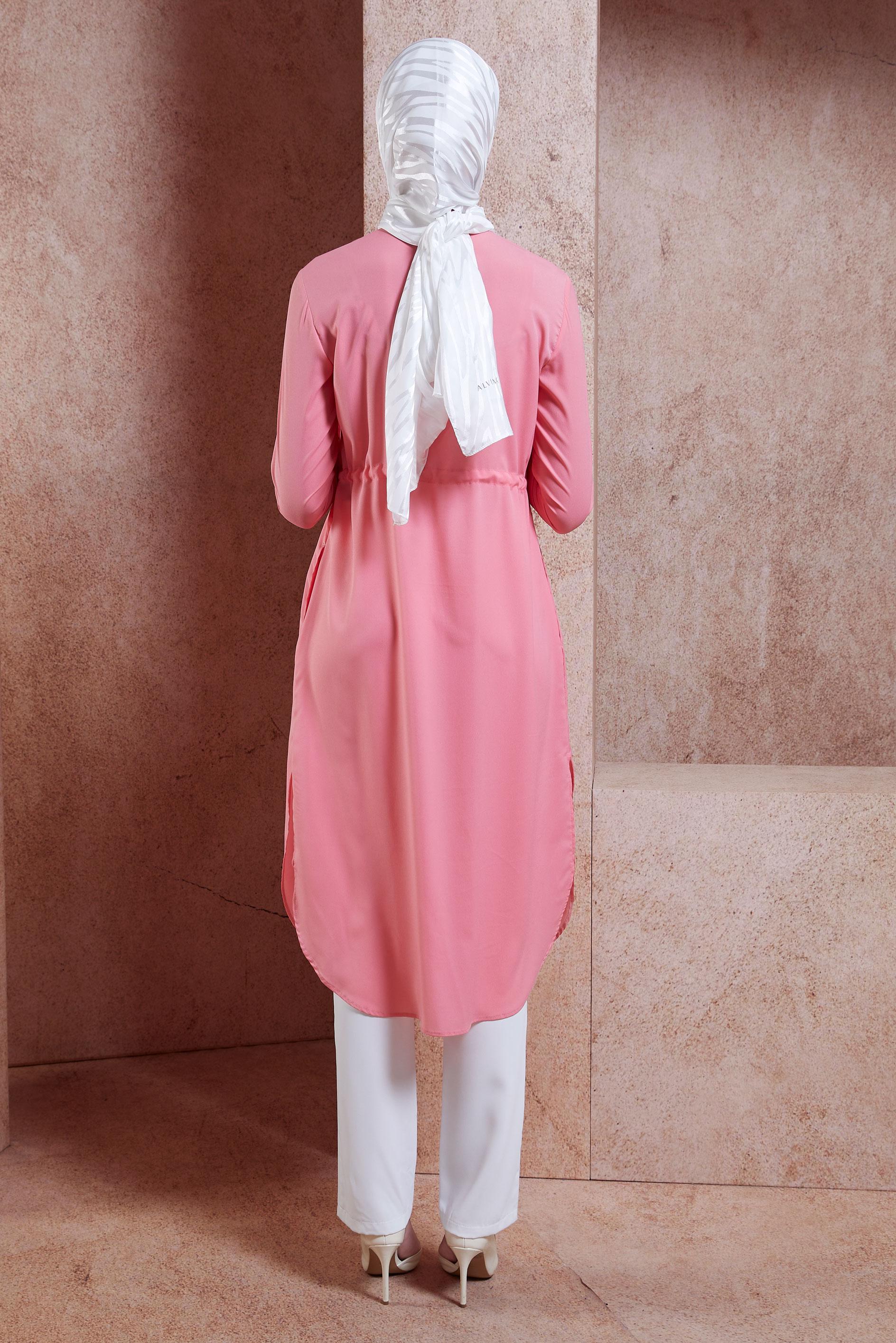 Tesettür giyim PEMBE BELİ BÜZGÜLÜ GİZLİ DÜĞMELİ TUNİK 4966 
