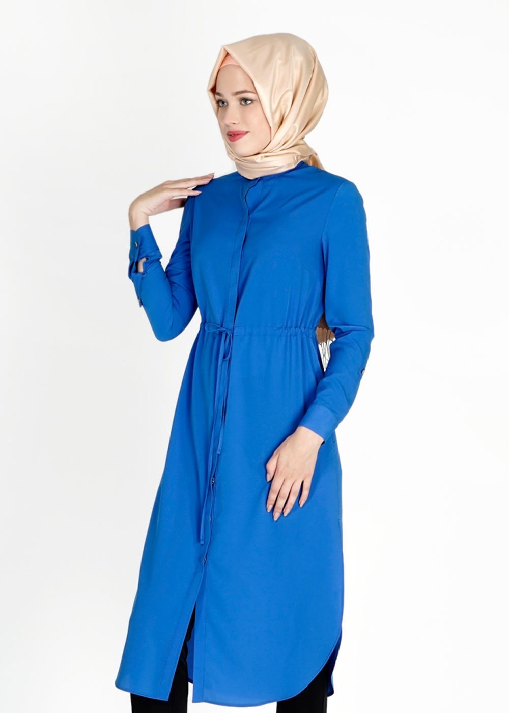 Tesettür giyim LACİVERT BELİ BÜZGÜLÜ GİZLİ DÜĞMELİ TUNİK 4966 