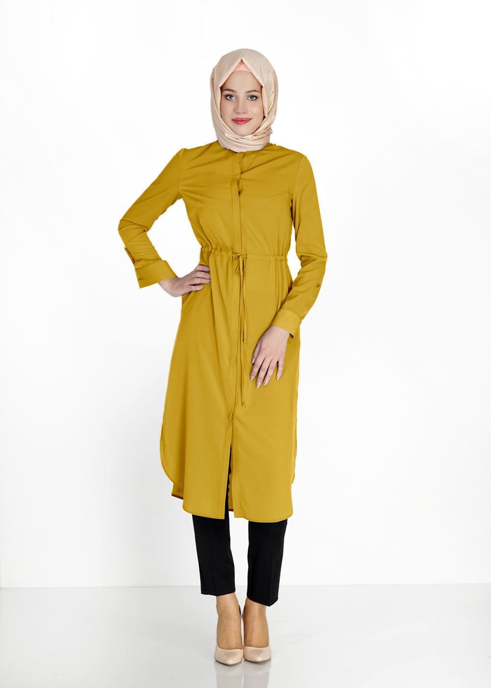 Tesettür giyim SARI BELİ BÜZGÜLÜ GİZLİ DÜĞMELİ TUNİK 4966 