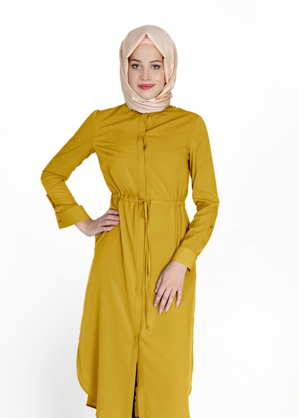Tesettür giyim SARI BELİ BÜZGÜLÜ GİZLİ DÜĞMELİ TUNİK 4966 