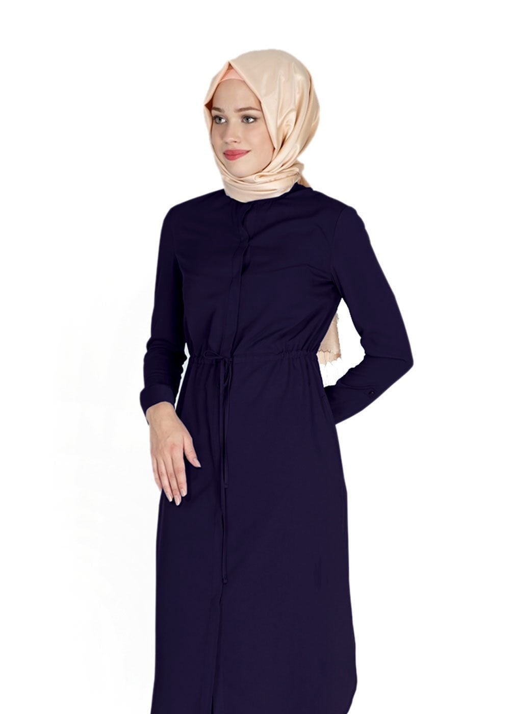 Tesettür giyim LACİVERT BELİ BÜZGÜLÜ GİZLİ DÜĞMELİ TUNİK 4966 