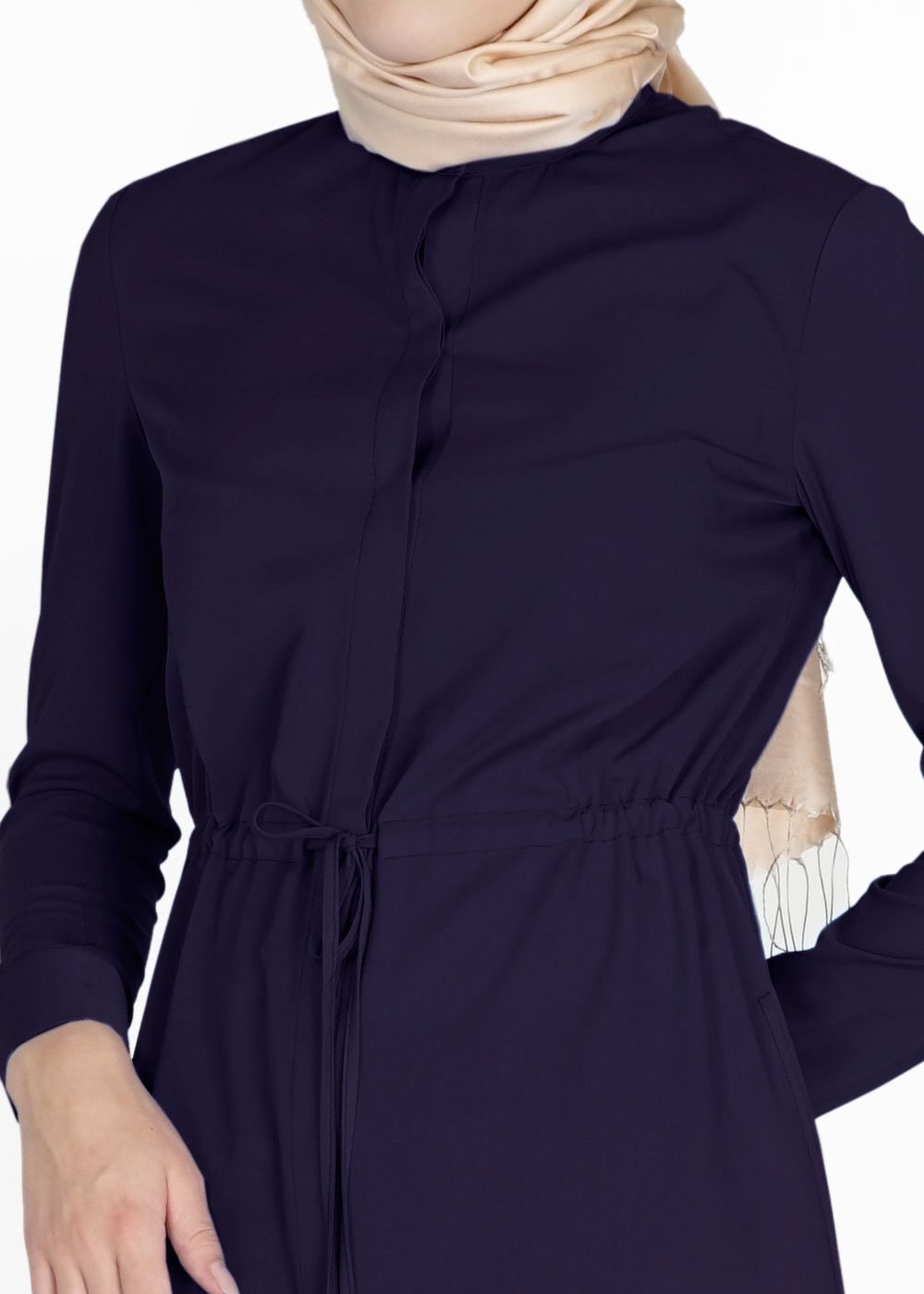 Tesettür giyim LACİVERT BELİ BÜZGÜLÜ GİZLİ DÜĞMELİ TUNİK 4966 