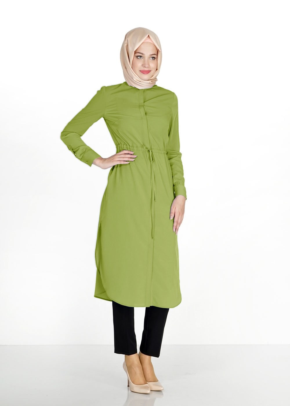 Tesettür giyim YEŞİL BELİ BÜZGÜLÜ GİZLİ DÜĞMELİ TUNİK 4966 