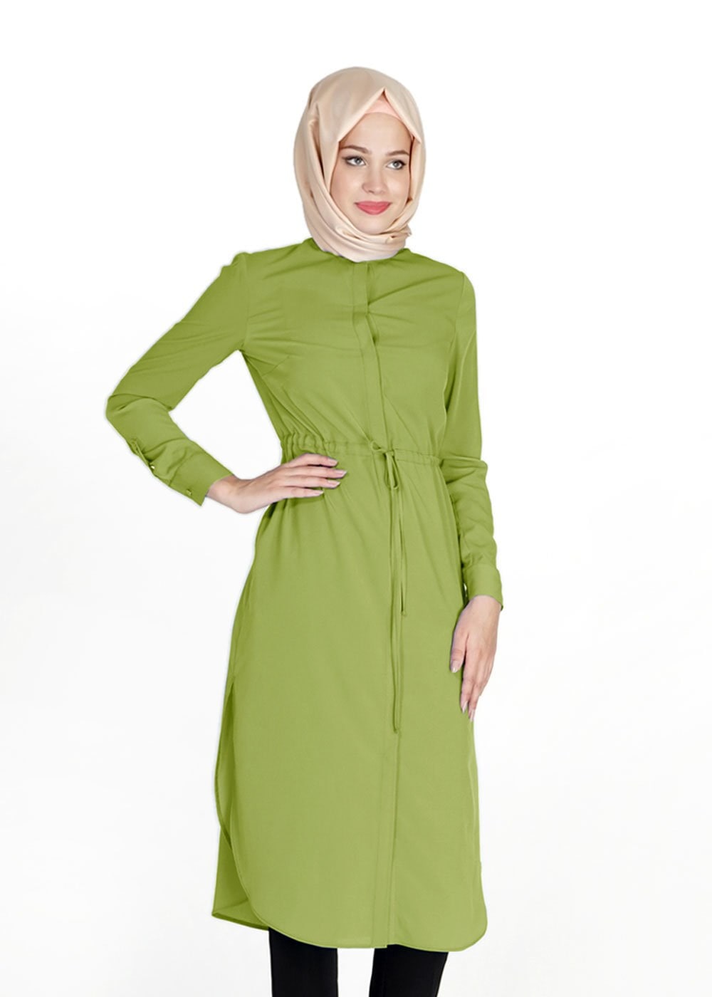 Tesettür giyim YEŞİL BELİ BÜZGÜLÜ GİZLİ DÜĞMELİ TUNİK 4966 