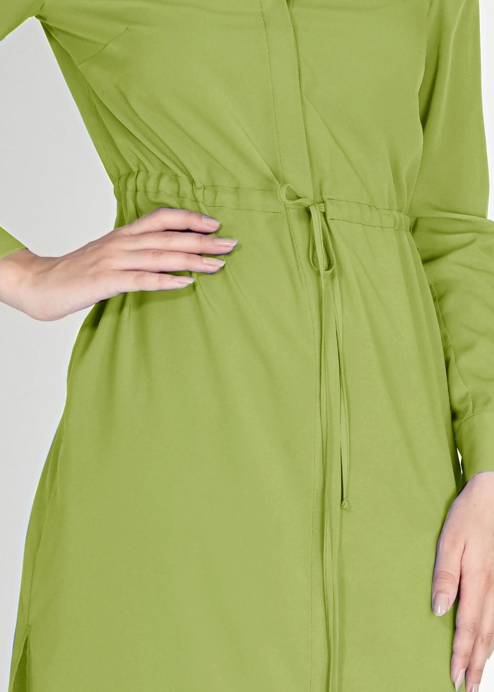 Tesettür giyim YEŞİL BELİ BÜZGÜLÜ GİZLİ DÜĞMELİ TUNİK 4966 