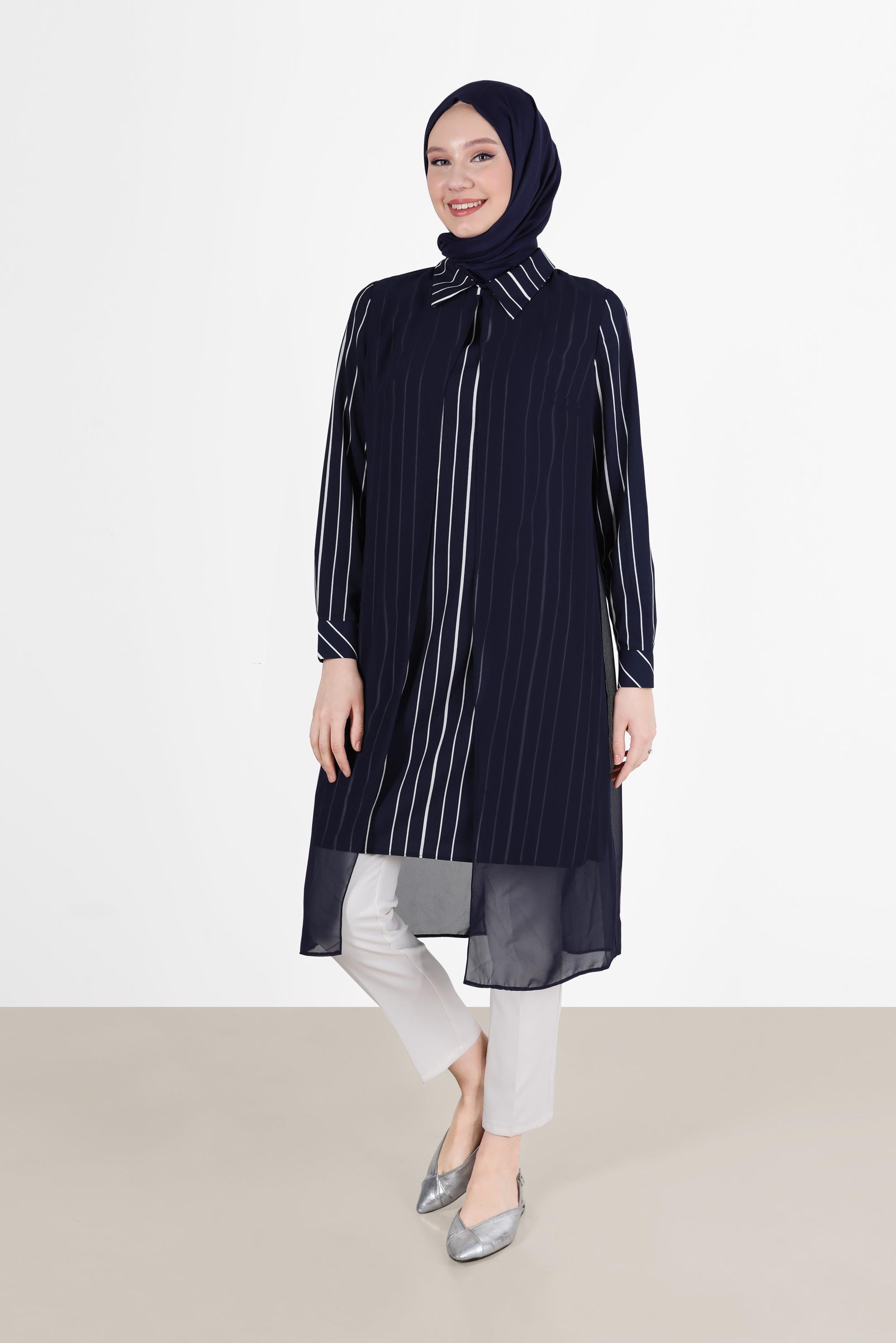 Tesettür giyim LACİVERT ŞERİT DETAYLI İKİLİ TUNİK 4982 