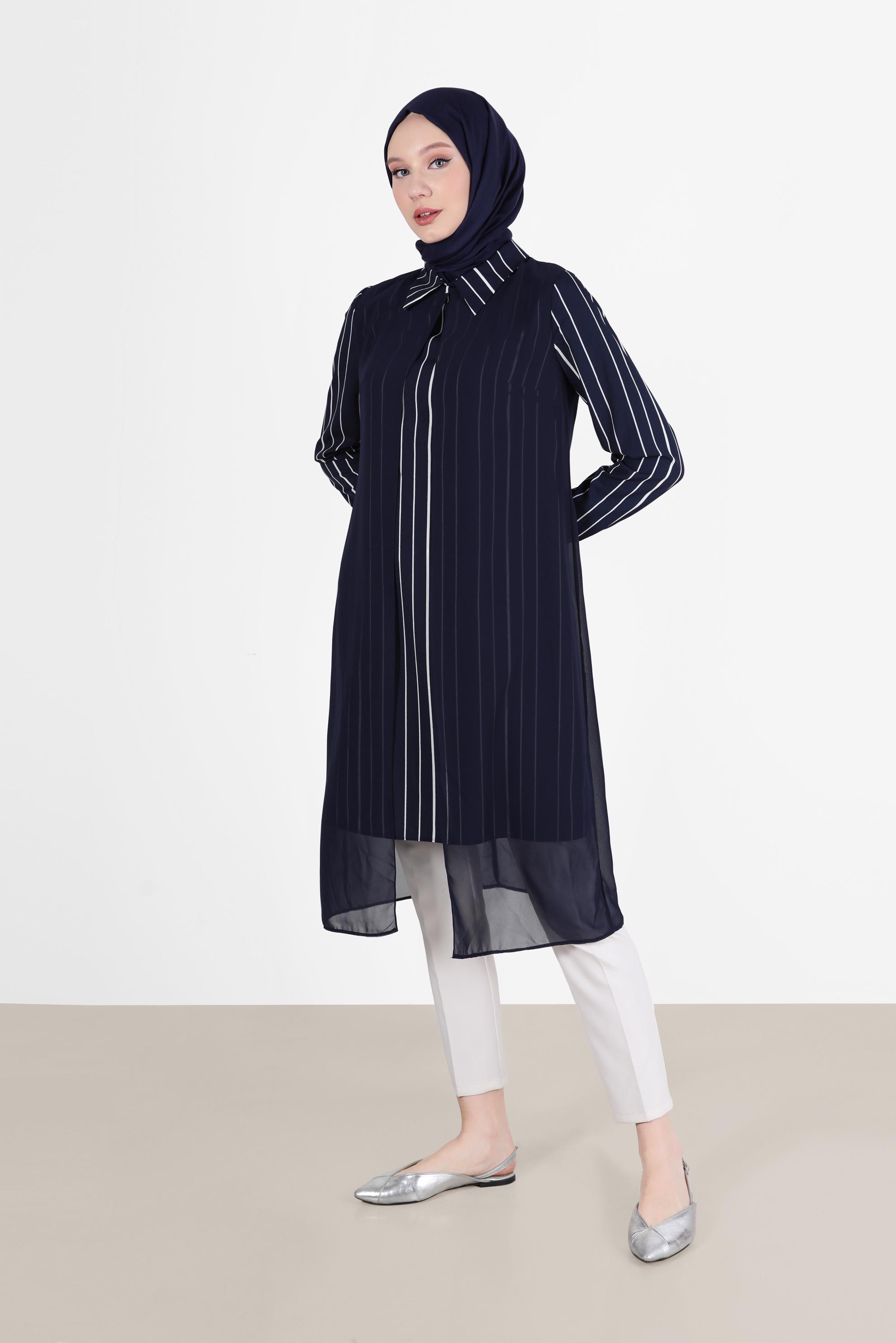 Tesettür giyim LACİVERT ŞERİT DETAYLI İKİLİ TUNİK 4982 