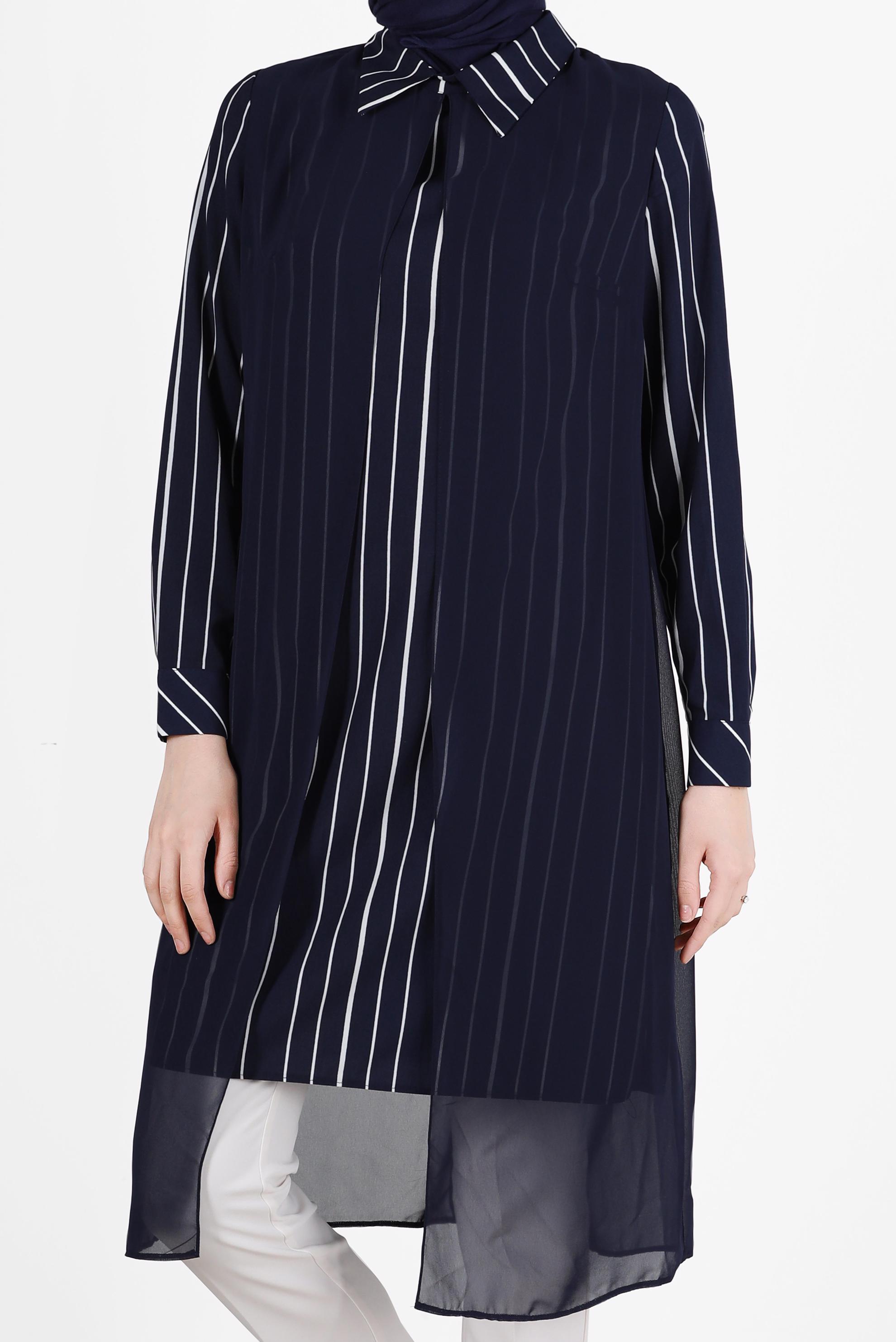 Tesettür giyim LACİVERT ŞERİT DETAYLI İKİLİ TUNİK 4982 