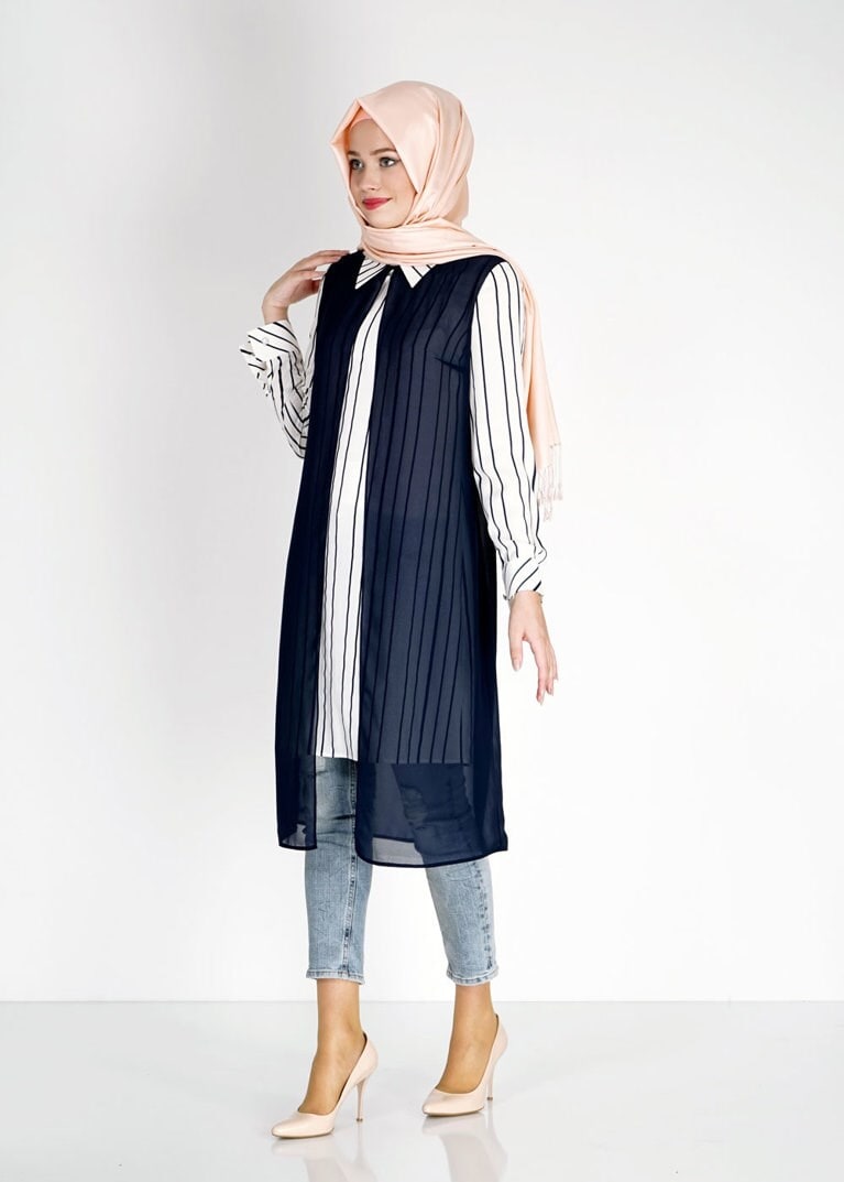 Tesettür giyim BEJ ŞERİT DETAYLI İKİLİ TUNİK 4982 