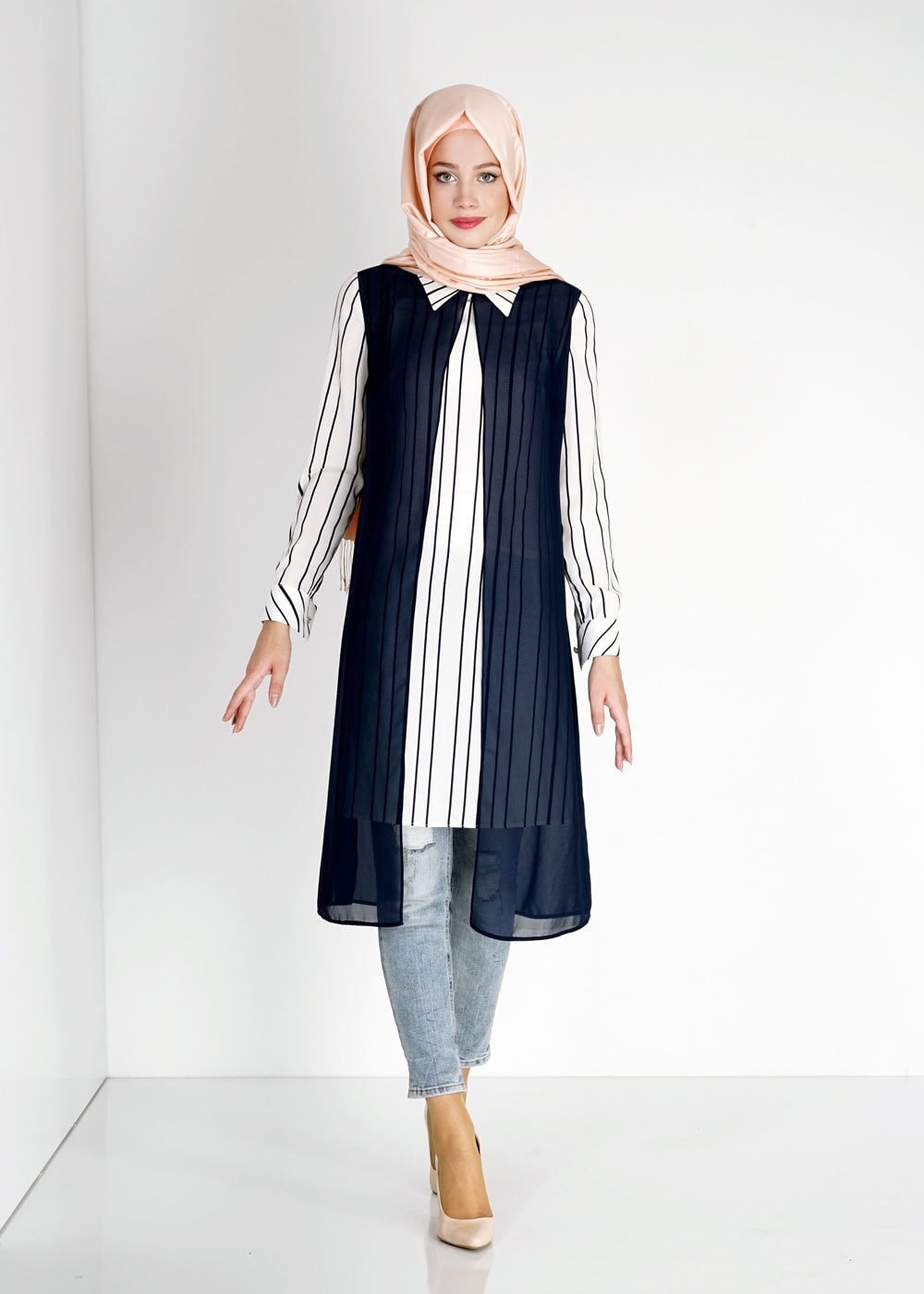 Tesettür giyim BEJ ŞERİT DETAYLI İKİLİ TUNİK 4982 