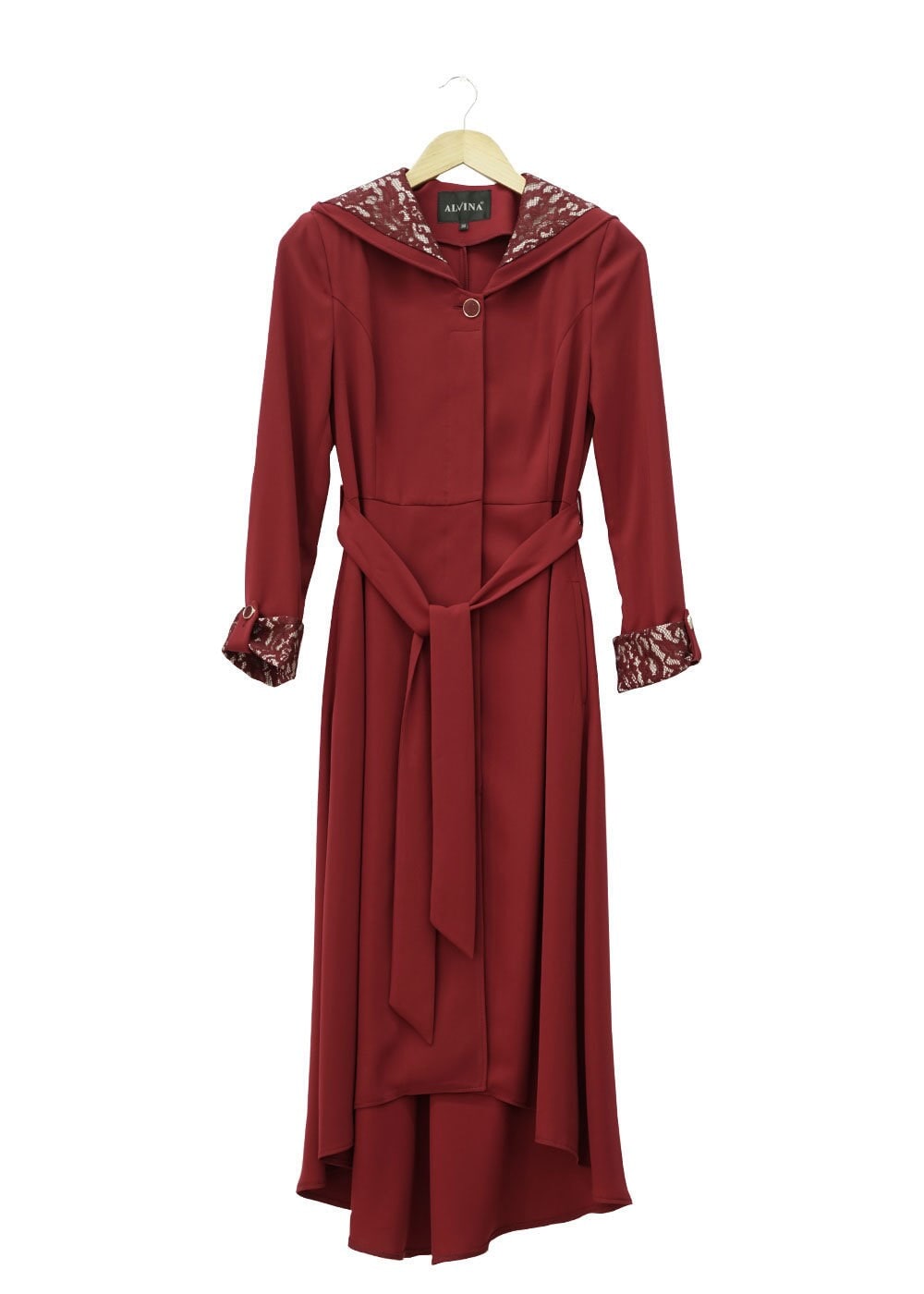 Tesettür giyim BORDO DANTEL DETAYLI KAPÜŞONLU TRENÇKOT 1436