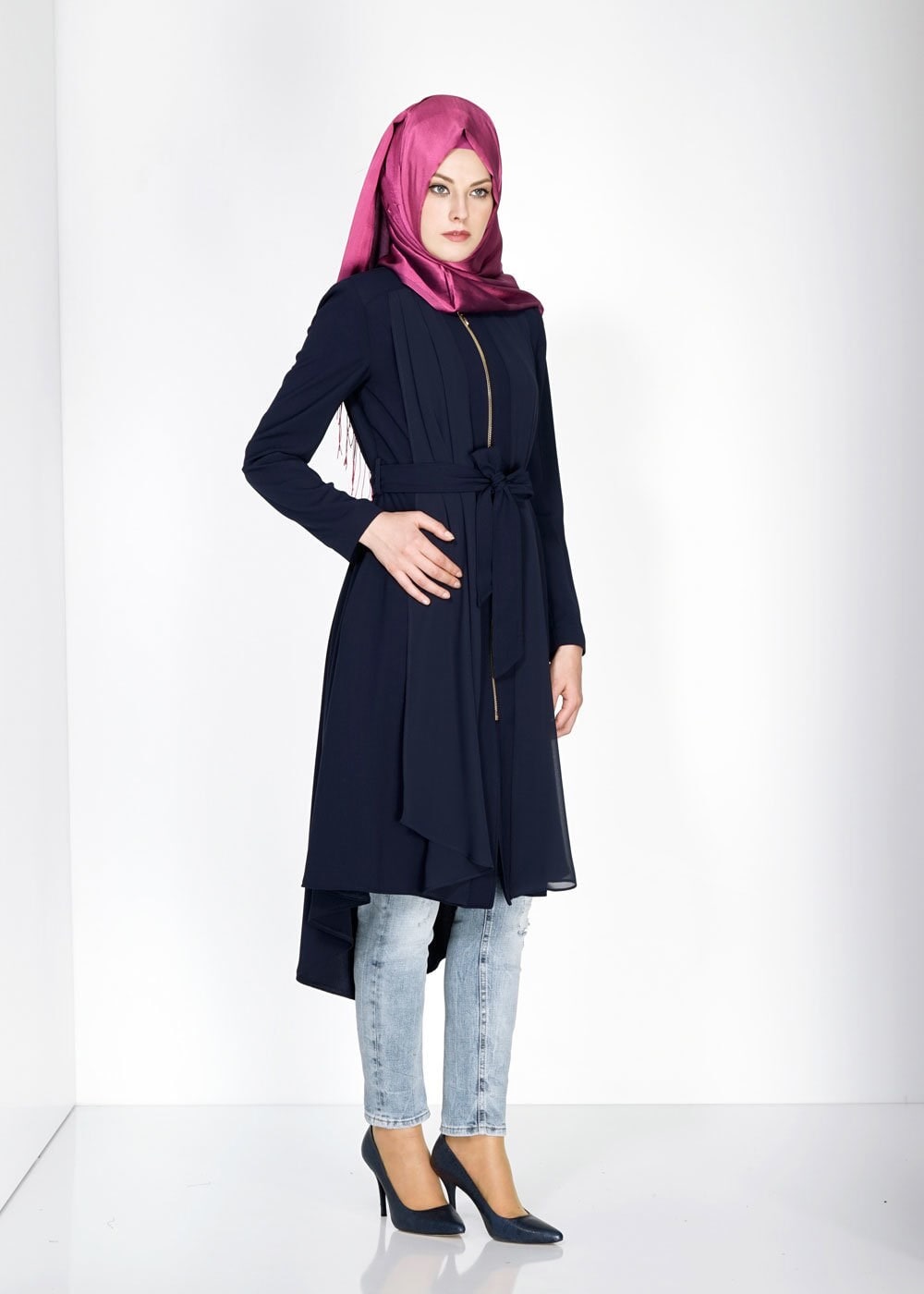 Tesettür giyim LACİVERT 1439 Feris Tesettür Trench