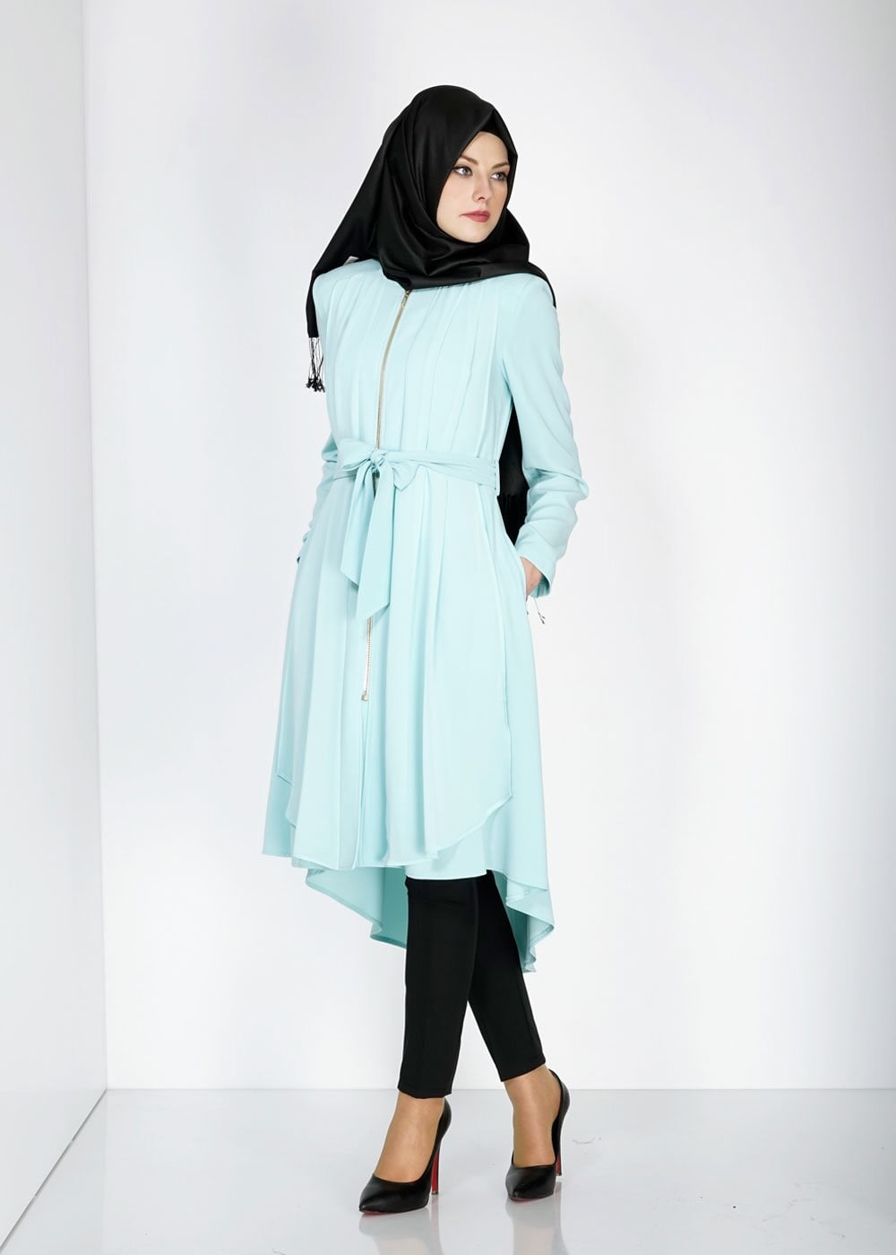 Tesettür giyim YEŞİL 1439 Feris Tesettür Trench