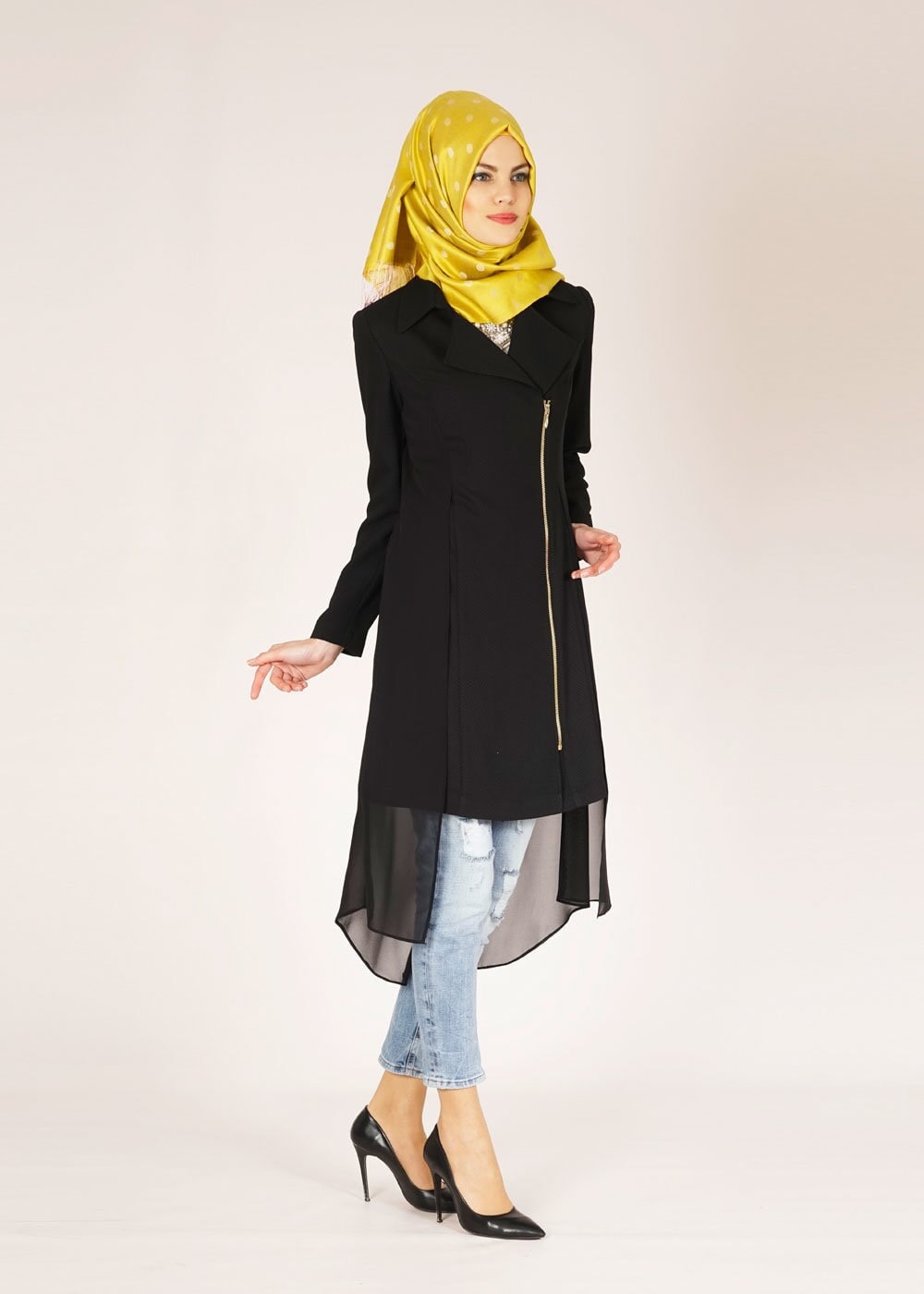Tesettür giyim SİYAH TÜL DETAYLI TRENÇKOT 1446