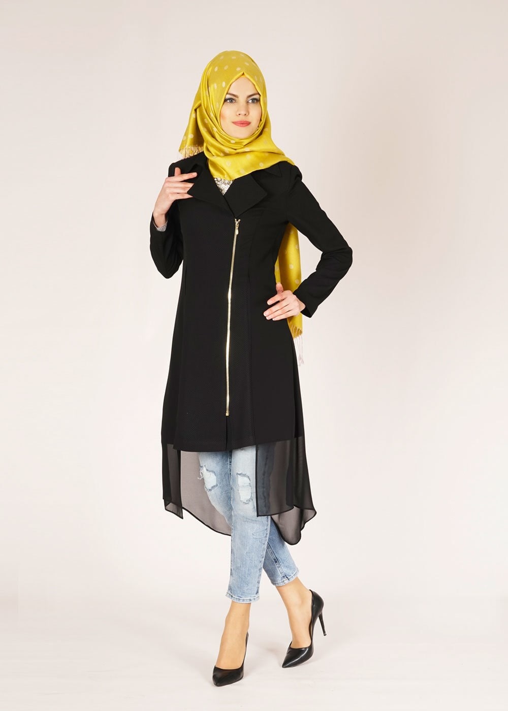 Tesettür giyim SİYAH TÜL DETAYLI TRENÇKOT 1446