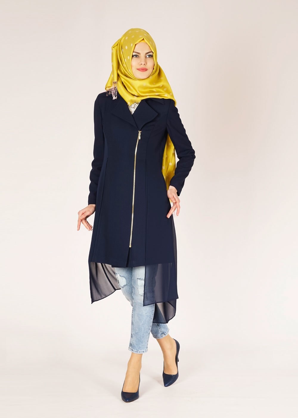 Tesettür giyim LACİVERT TÜL DETAYLI TRENÇKOT 1446