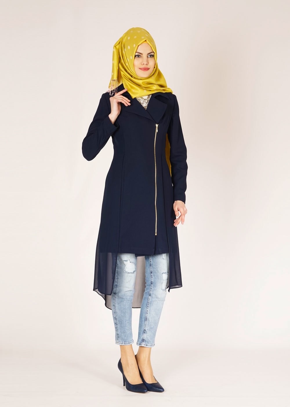 Tesettür giyim LACİVERT TÜL DETAYLI TRENÇKOT 1446