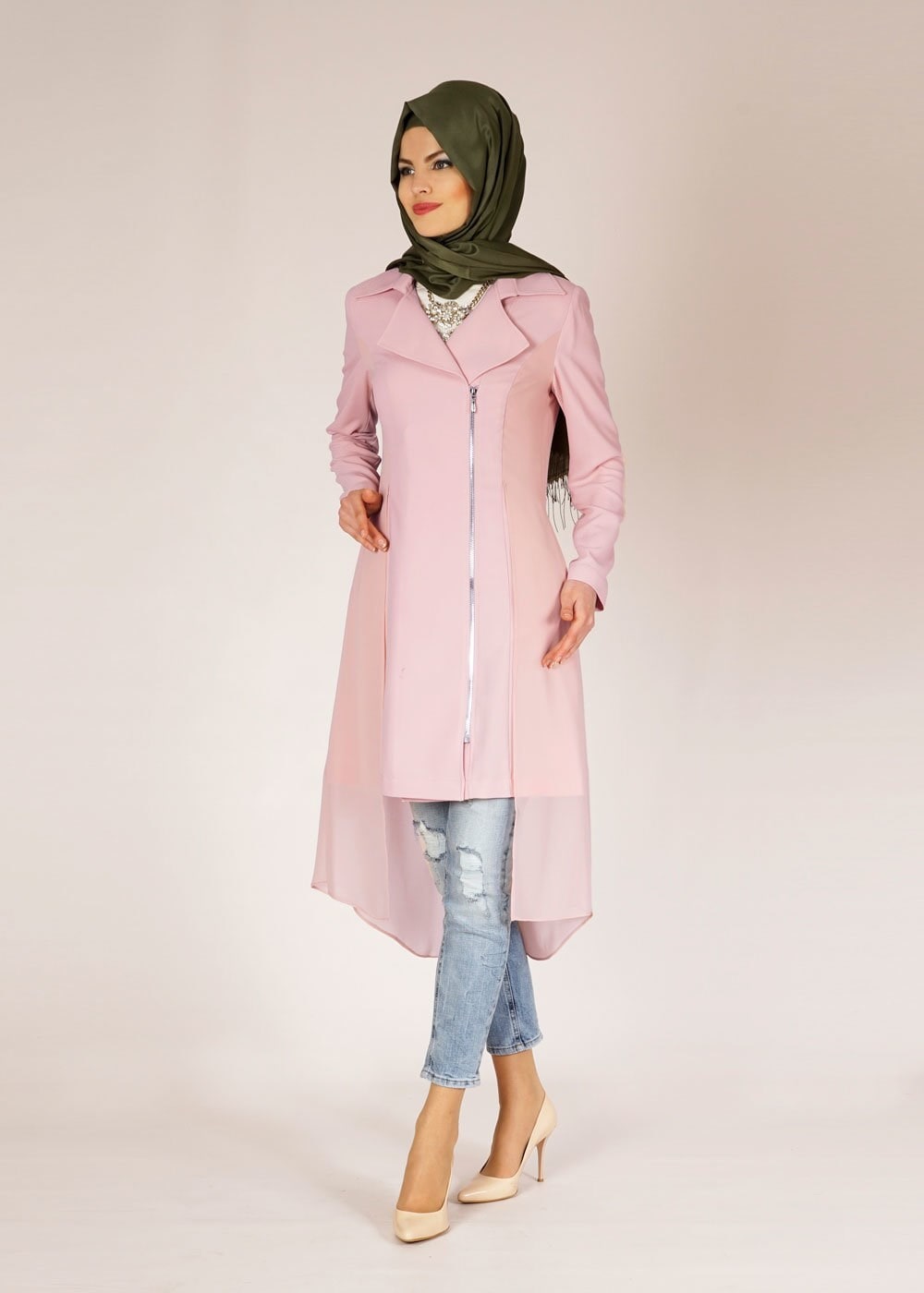 Tesettür giyim PUDRA TÜL DETAYLI TRENÇKOT 1446
