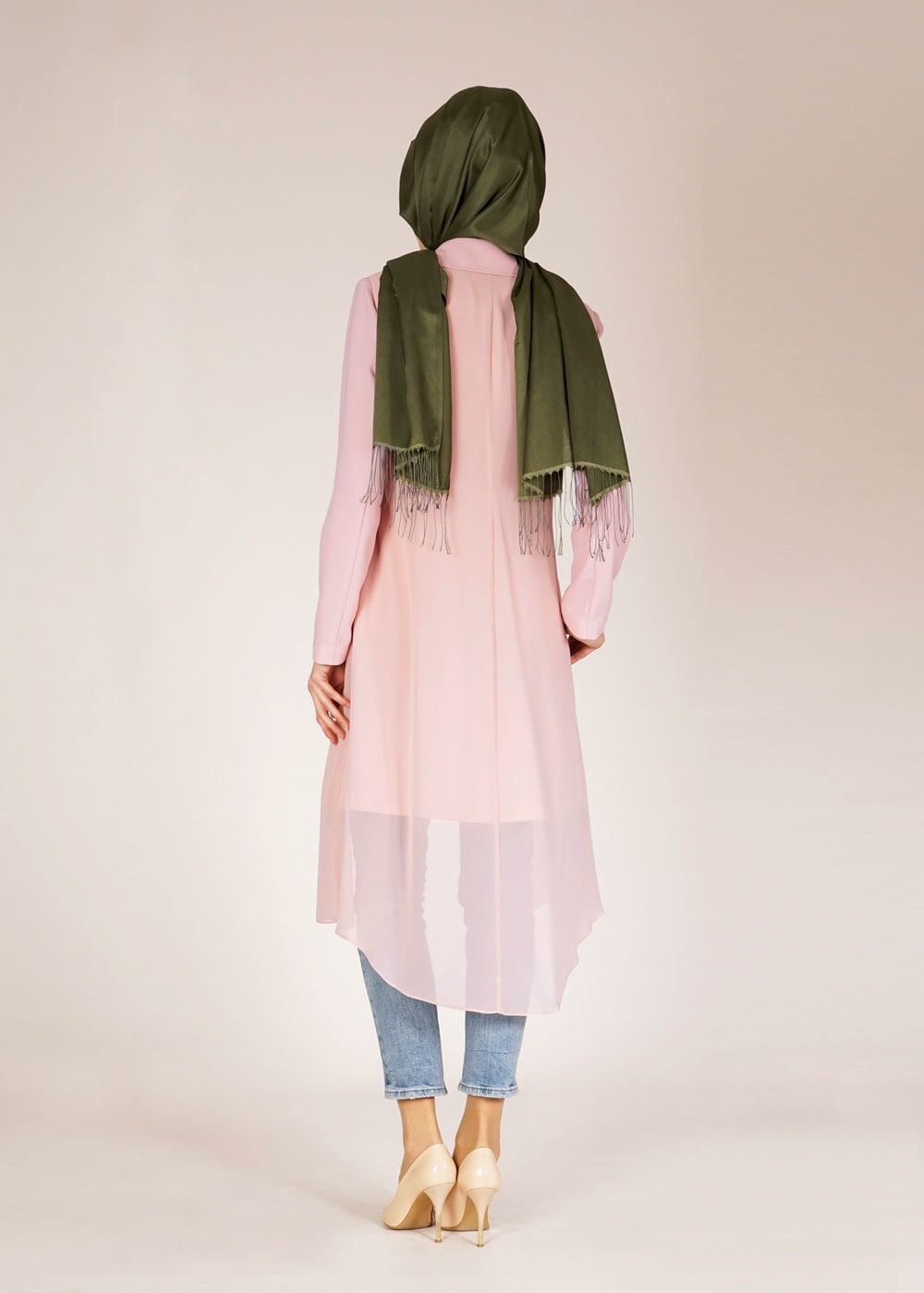 Tesettür giyim PUDRA TÜL DETAYLI TRENÇKOT 1446