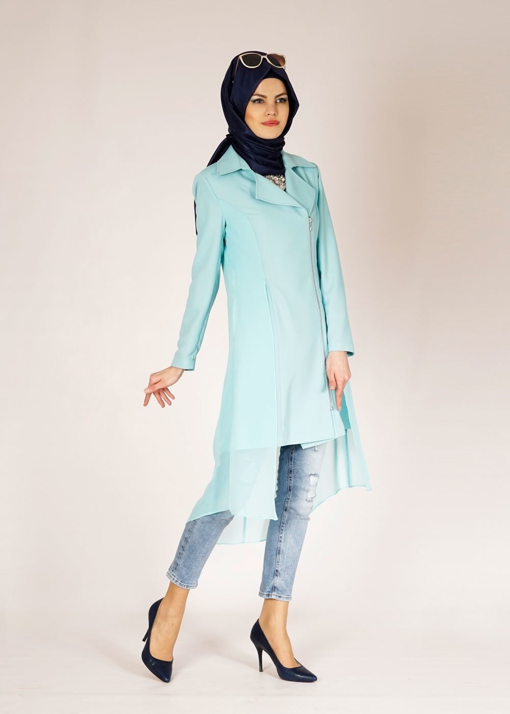 Tesettür giyim YEŞİL TÜL DETAYLI TRENÇKOT 1446