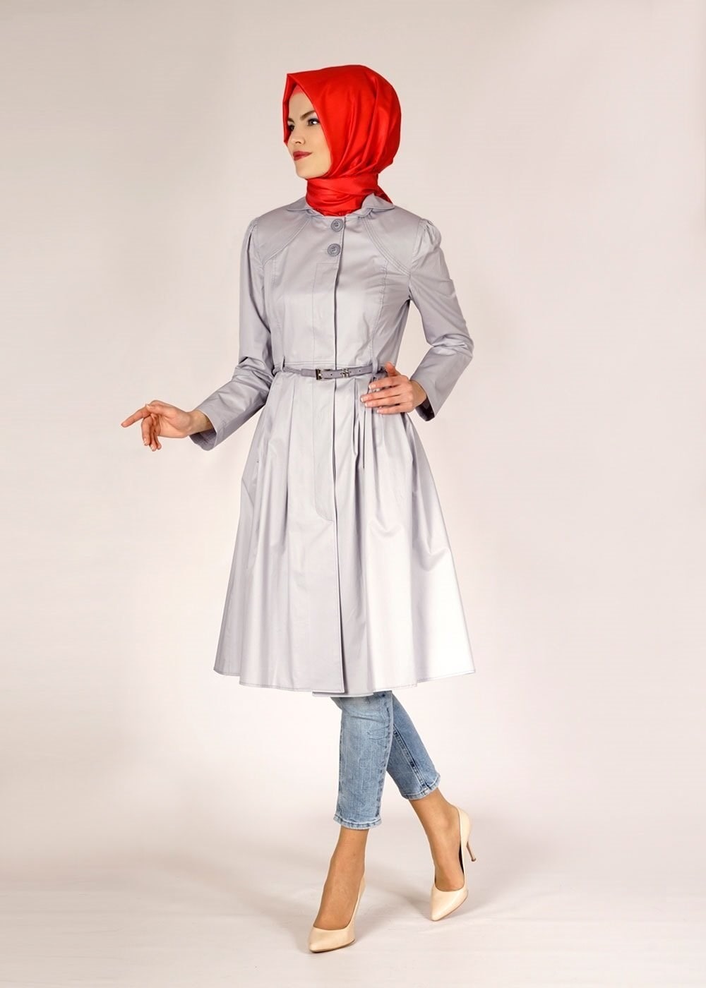 Tesettür giyim GRİ DÜĞME DETAYLI TRENÇKOT 1451