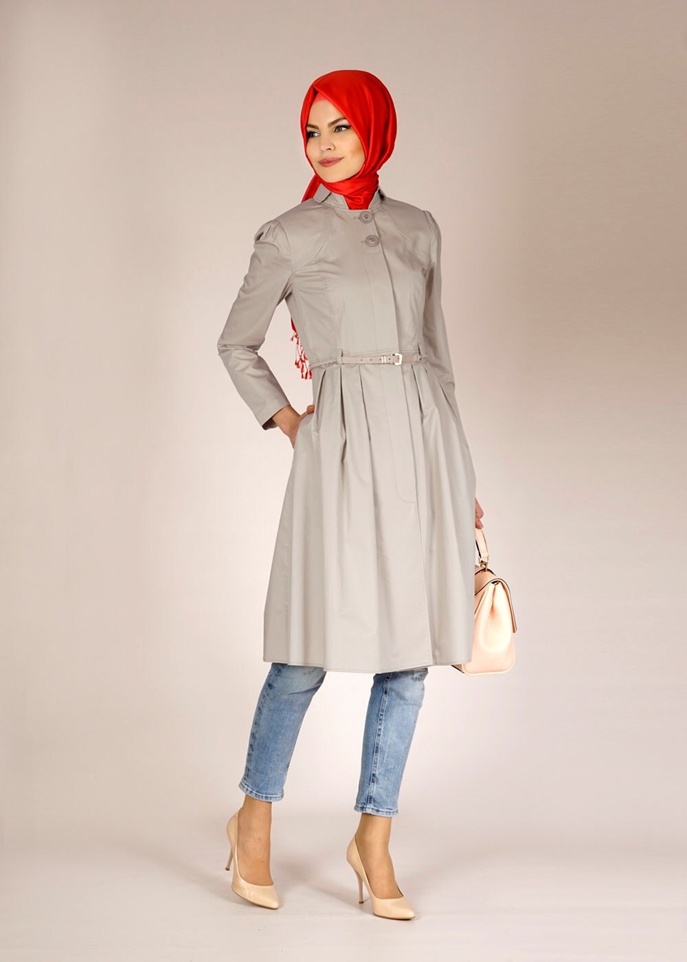 Tesettür giyim BEJ DÜĞME DETAYLI TRENÇKOT 1451