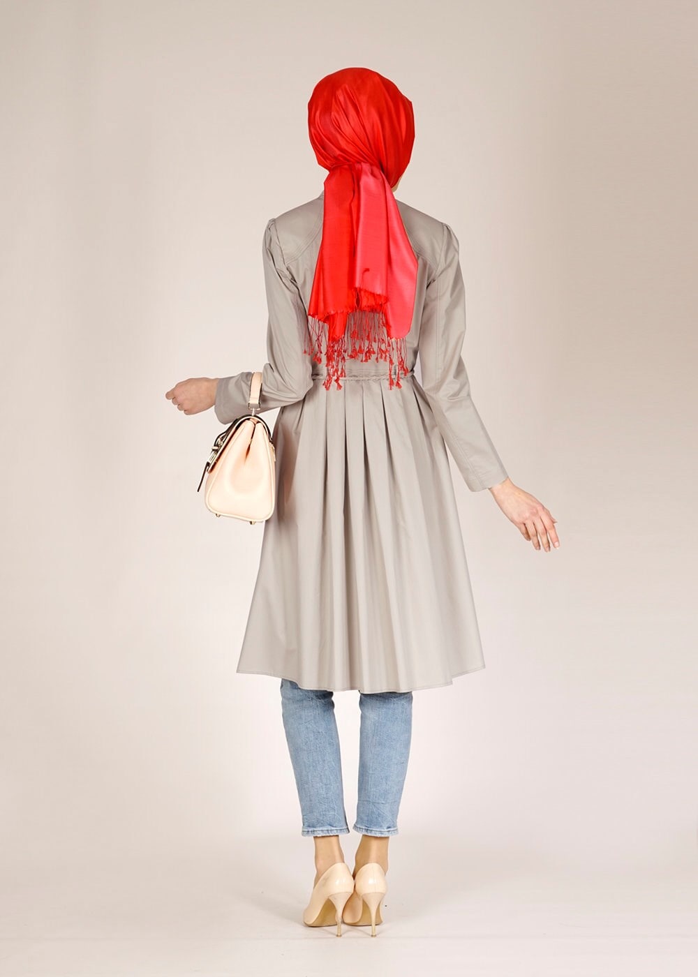 Tesettür giyim BEJ DÜĞME DETAYLI TRENÇKOT 1451