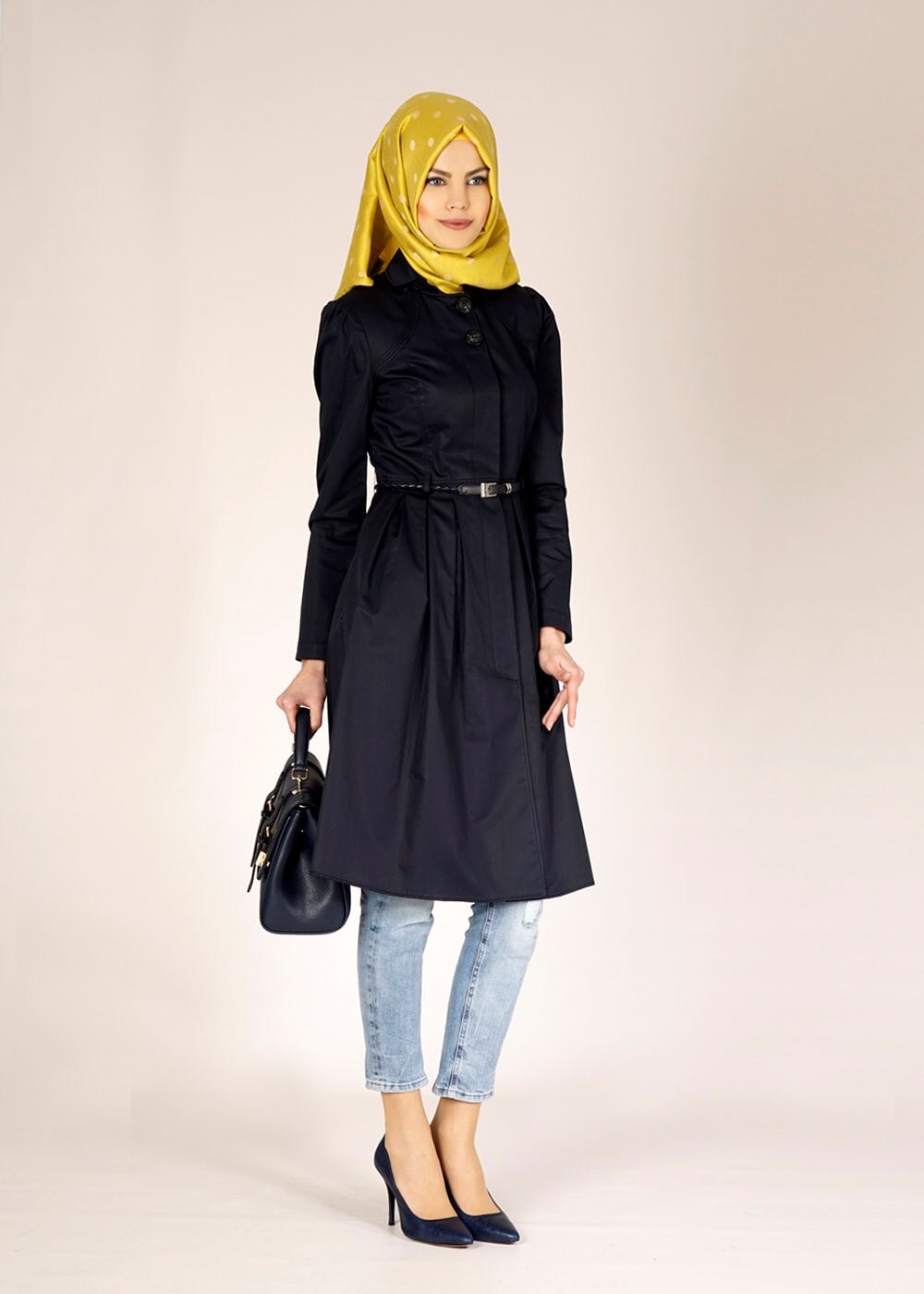 Tesettür giyim LACİVERT DÜĞME DETAYLI TRENÇKOT 1451