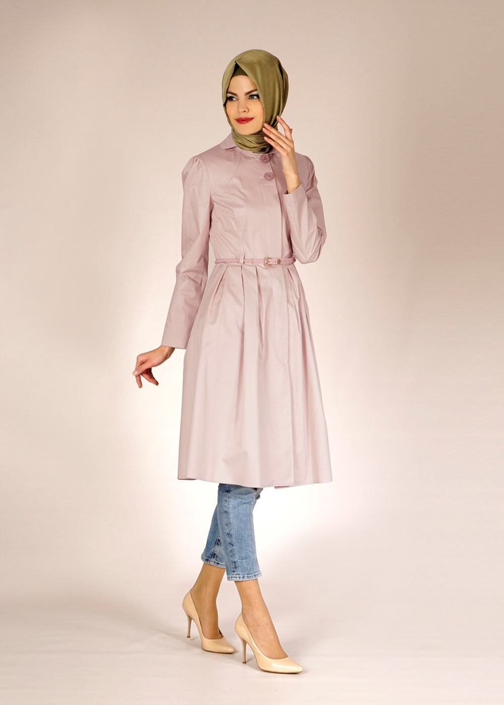 Tesettür giyim PUDRA DÜĞME DETAYLI TRENÇKOT 1451