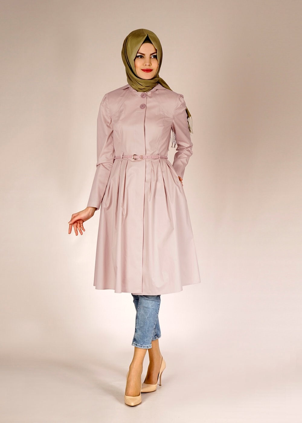 Tesettür giyim PUDRA DÜĞME DETAYLI TRENÇKOT 1451