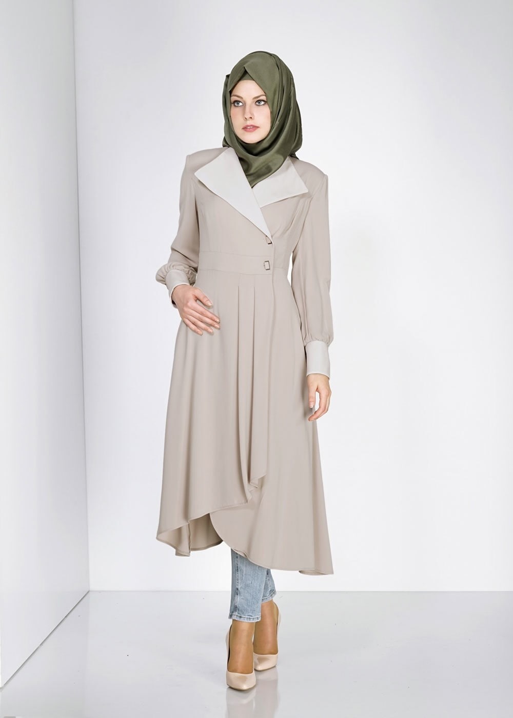 Tesettür giyim BEJ 1464 Farah 6288 Tesettür Trench