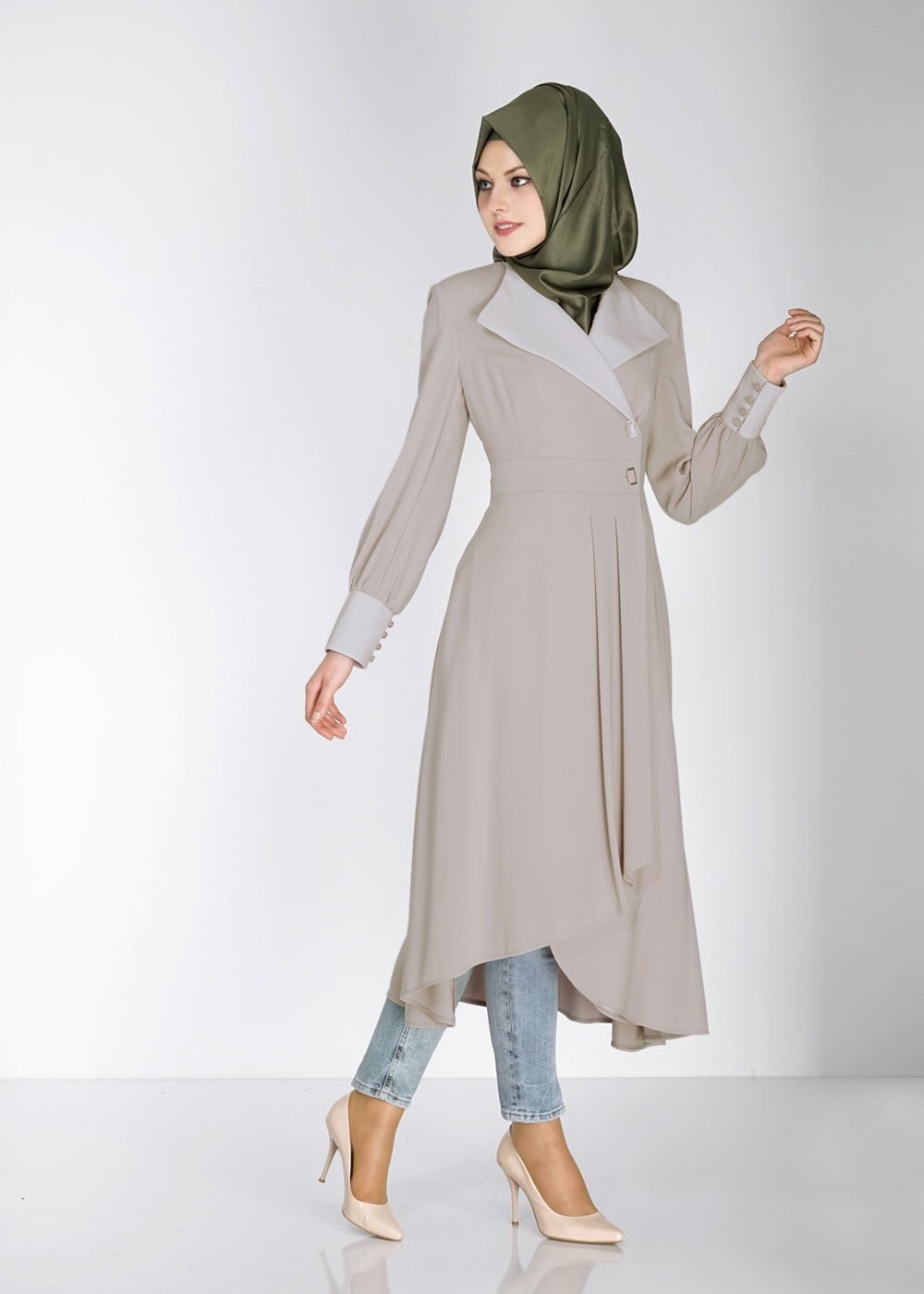 Tesettür giyim BEJ 1464 Farah 6288 Tesettür Trench