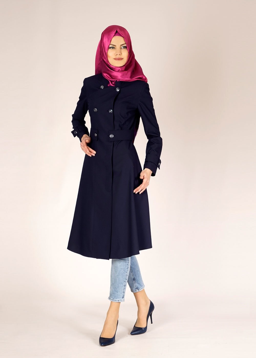 Tesettür giyim LACİVERT ARKASI FERMUAR DETAYLI TRENÇKOT 1467