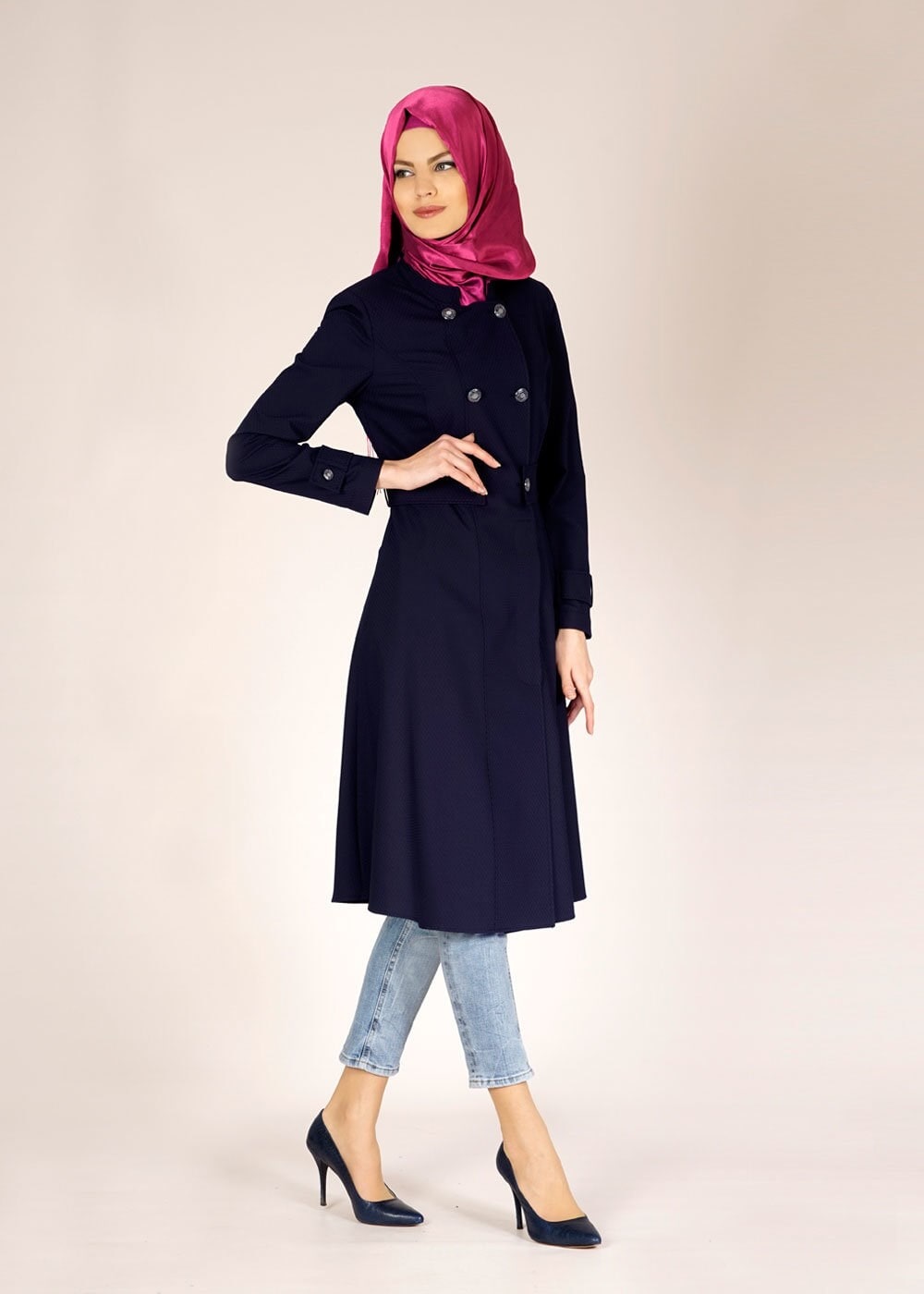 Tesettür giyim LACİVERT ARKASI FERMUAR DETAYLI TRENÇKOT 1467