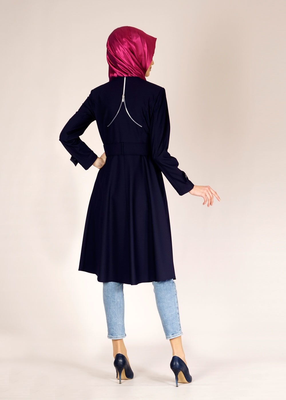 Tesettür giyim LACİVERT ARKASI FERMUAR DETAYLI TRENÇKOT 1467