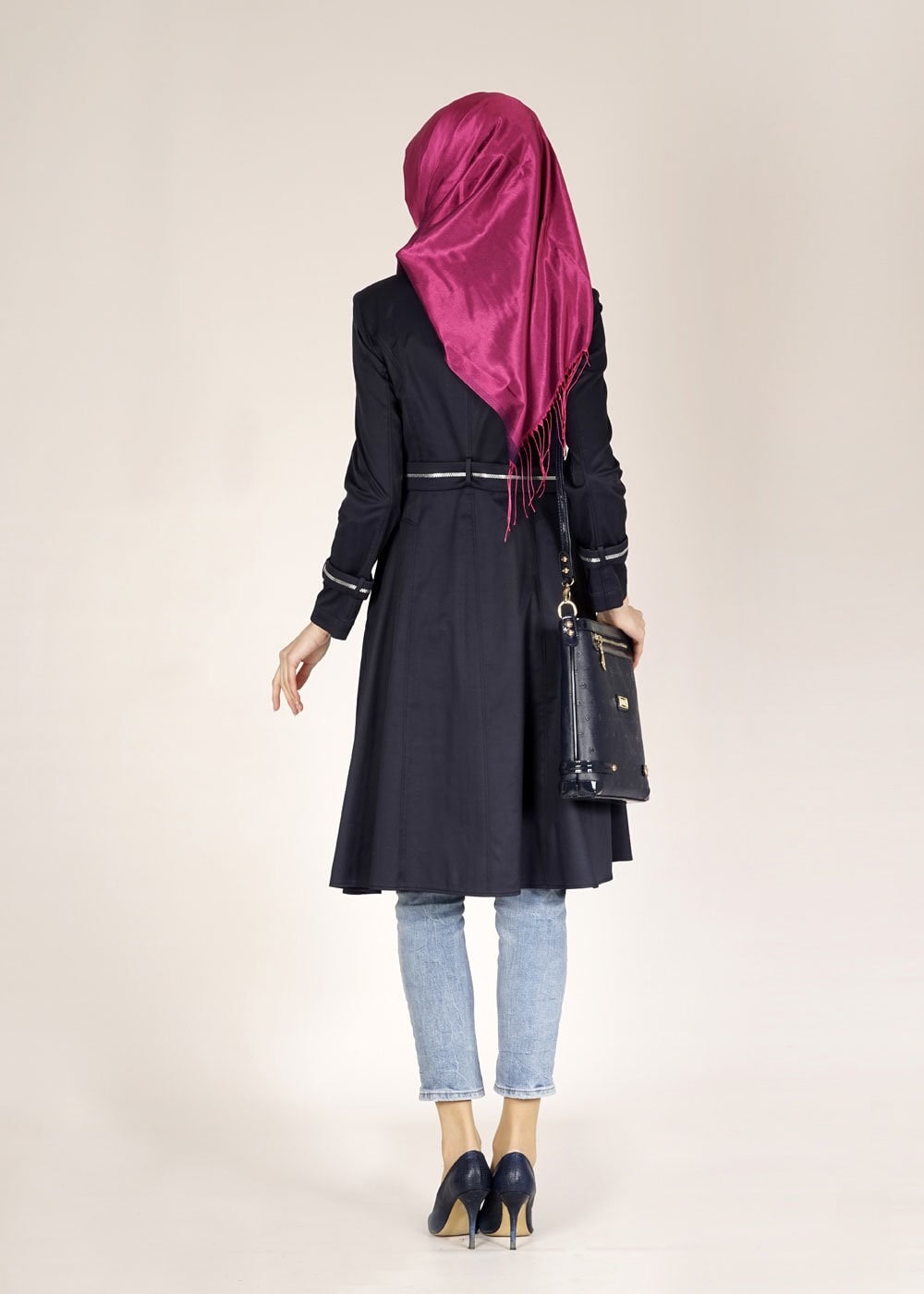 Tesettür giyim LACİVERT FERMUAR DETAYLI DÜĞMELİ TRENÇKOT 1468