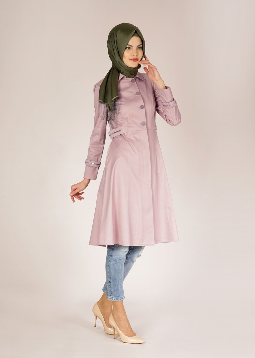 Tesettür giyim PUDRA FERMUAR DETAYLI DÜĞMELİ TRENÇKOT 1468