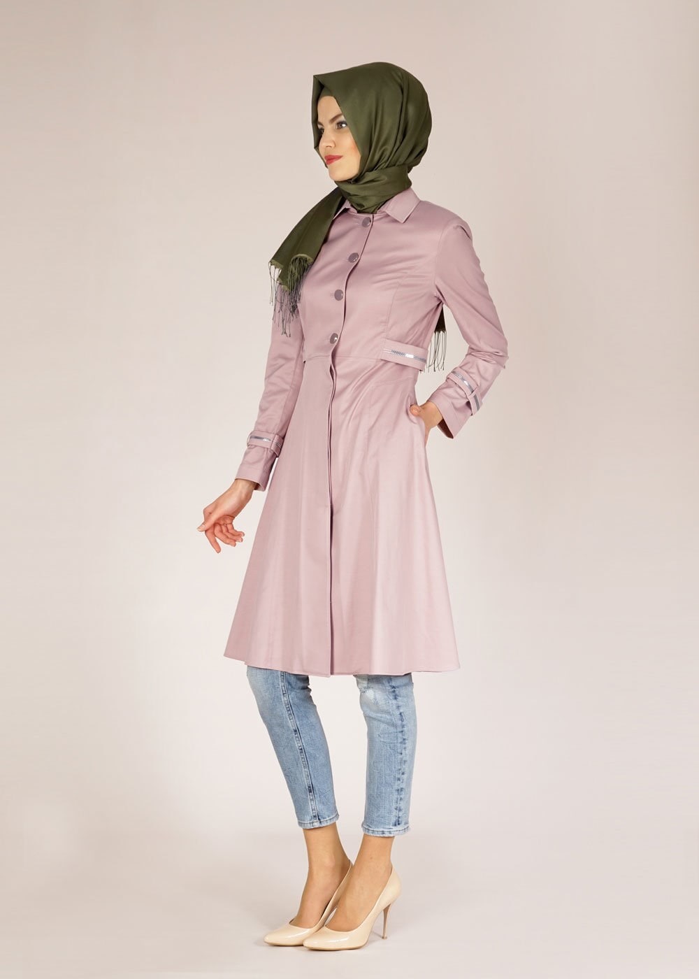 Tesettür giyim PUDRA FERMUAR DETAYLI DÜĞMELİ TRENÇKOT 1468