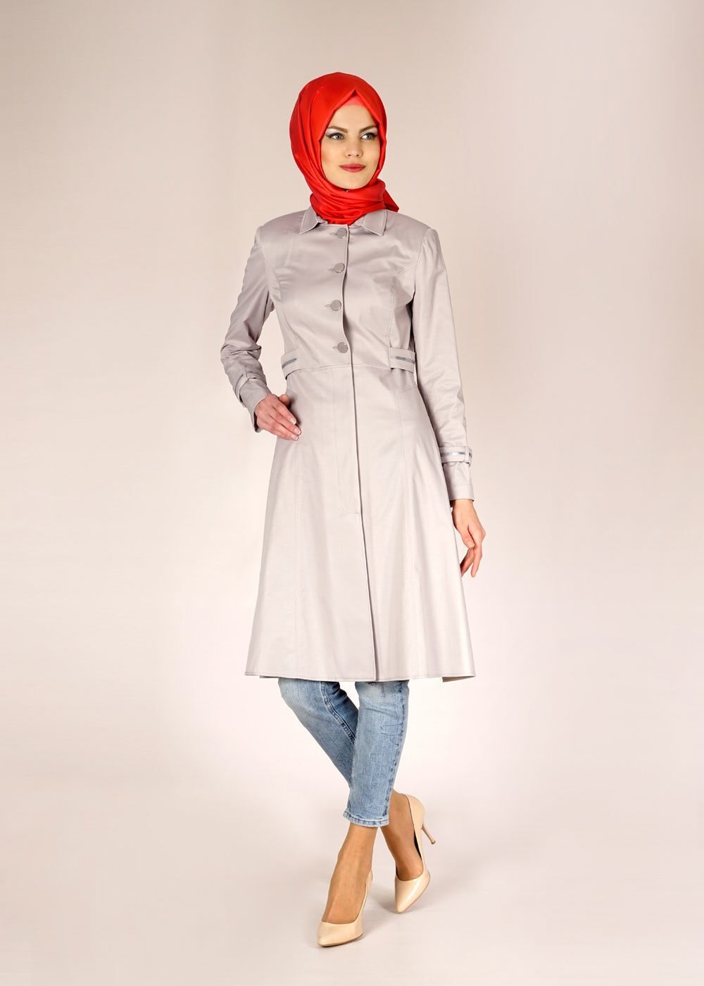 Tesettür giyim BEJ FERMUAR DETAYLI DÜĞMELİ TRENÇKOT 1468